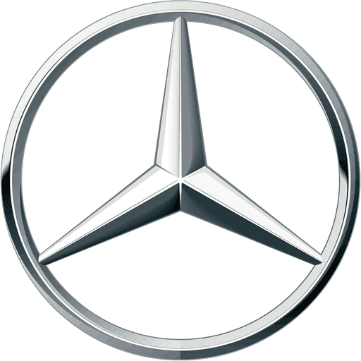 The image shows a silver Mercedes-Benz logo featuring a three-pointed star enclosed in a circle, set against a transparent background, highlighting sleek automotive design.