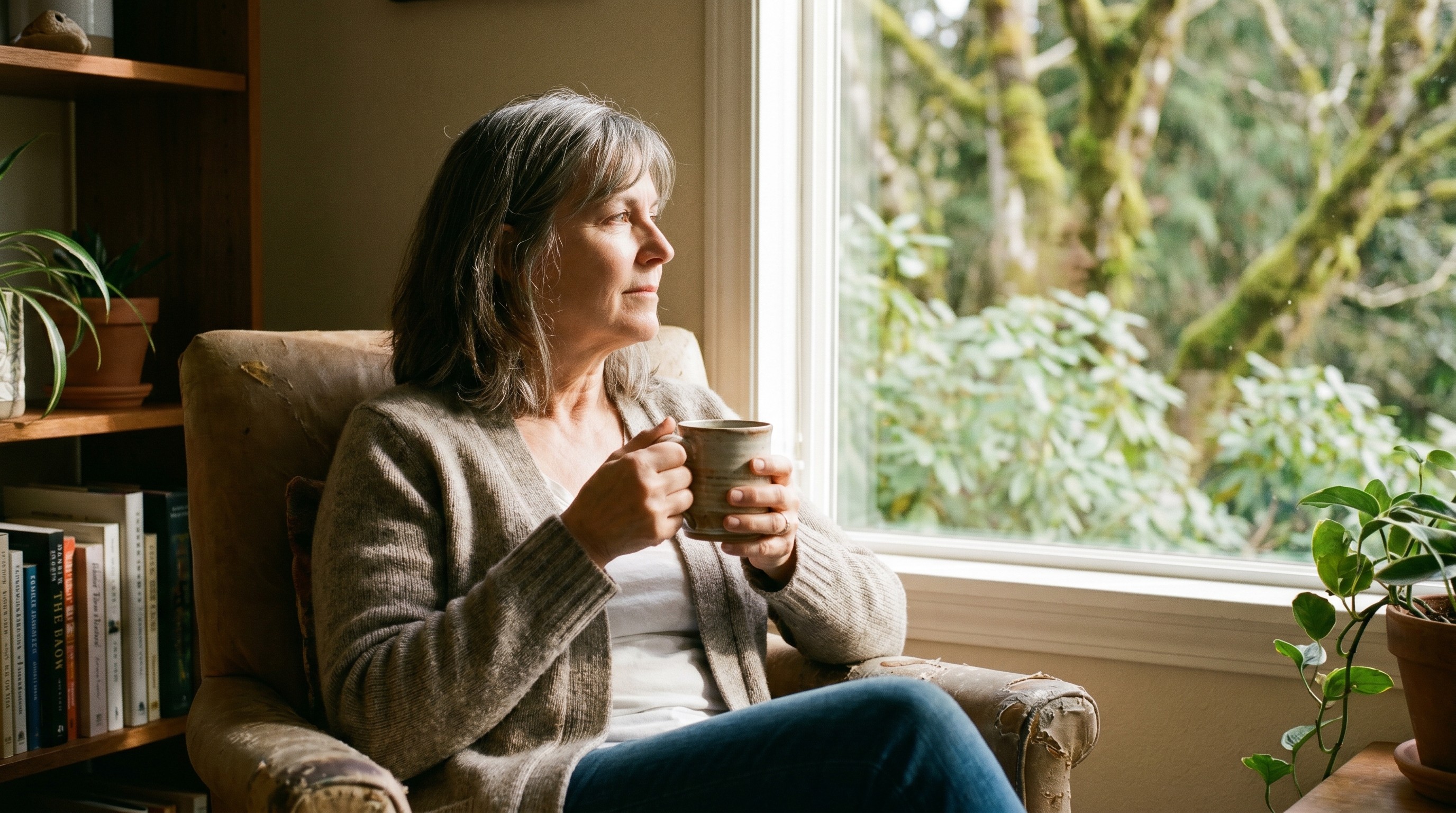 Older woman holding a warm mug by a sunlit window, looking calm and contemplative