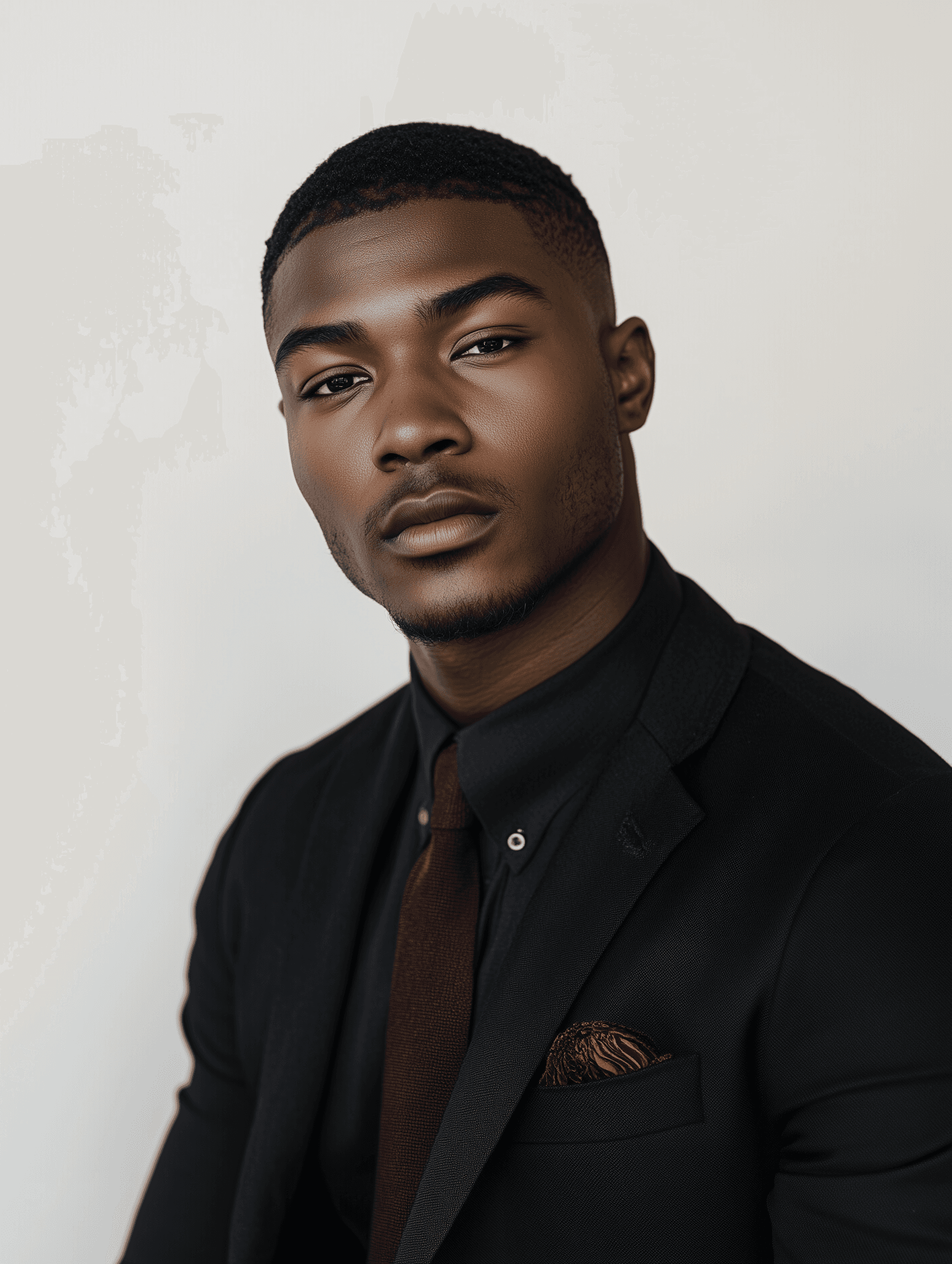Sharp portrait of a young man in a black suit with a burgundy tie, exuding confidence and style against a neutral background.