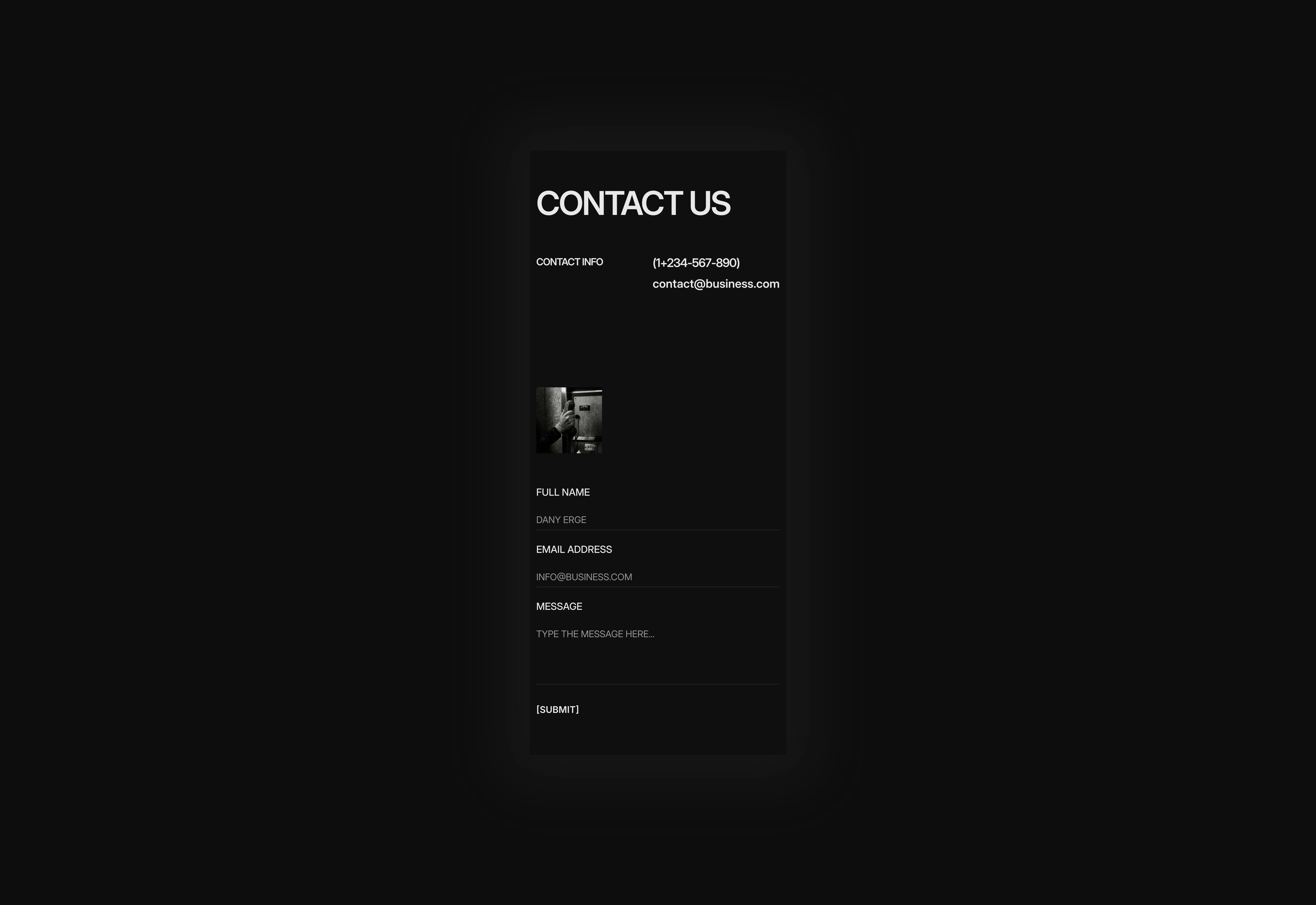 A dark themed large text styled minimal aesthetic contact us page section. Optimized for mobile breakpoints.
