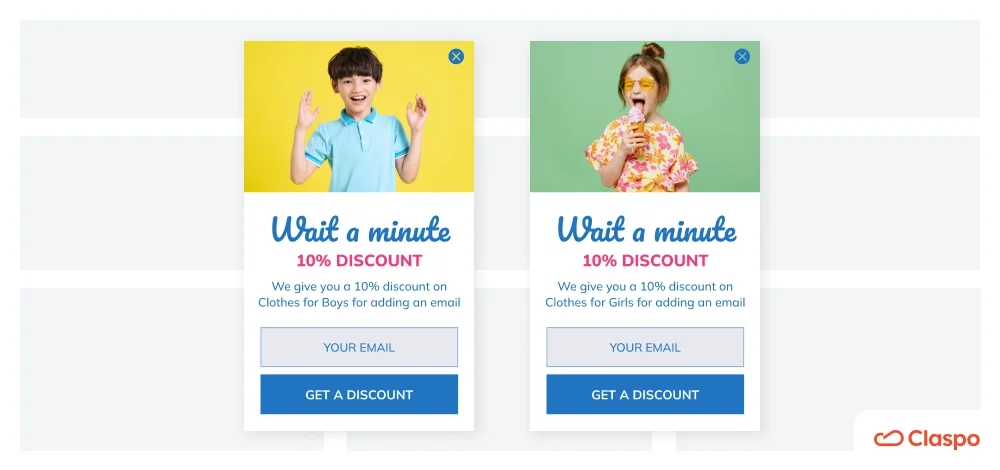Side-by-side comparison of personalized exit-intent popup templates by Claspo for a children's clothing store, showing segmented 10% discount offers for “Clothes for Boys” and “Clothes for Girls”