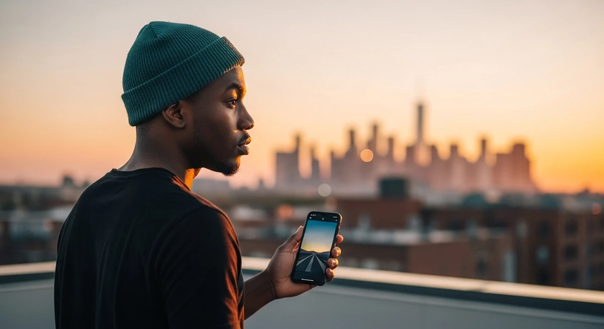 Young man in teal beanie holding smartphone on rooftop at sunset with blurred city skyline in background, golden hour urban lifestyle photography