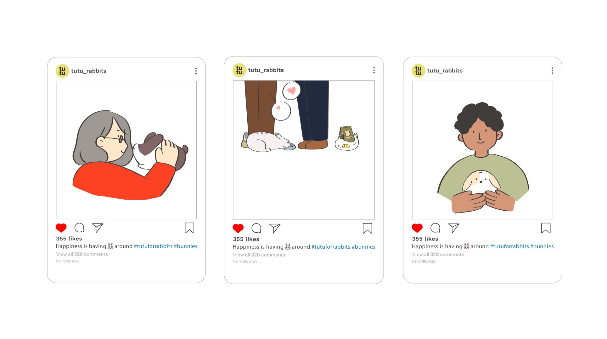 Three posts from the account @tutu_rabbits are displayed side by side. Each post features an illustrated character: one woman with gray hair holding a small dog, another showing two rabbits, one with a person holding a phone, and the third showing a person with a rabbit. The posts include engagement metrics such as likes, comments, and shares.