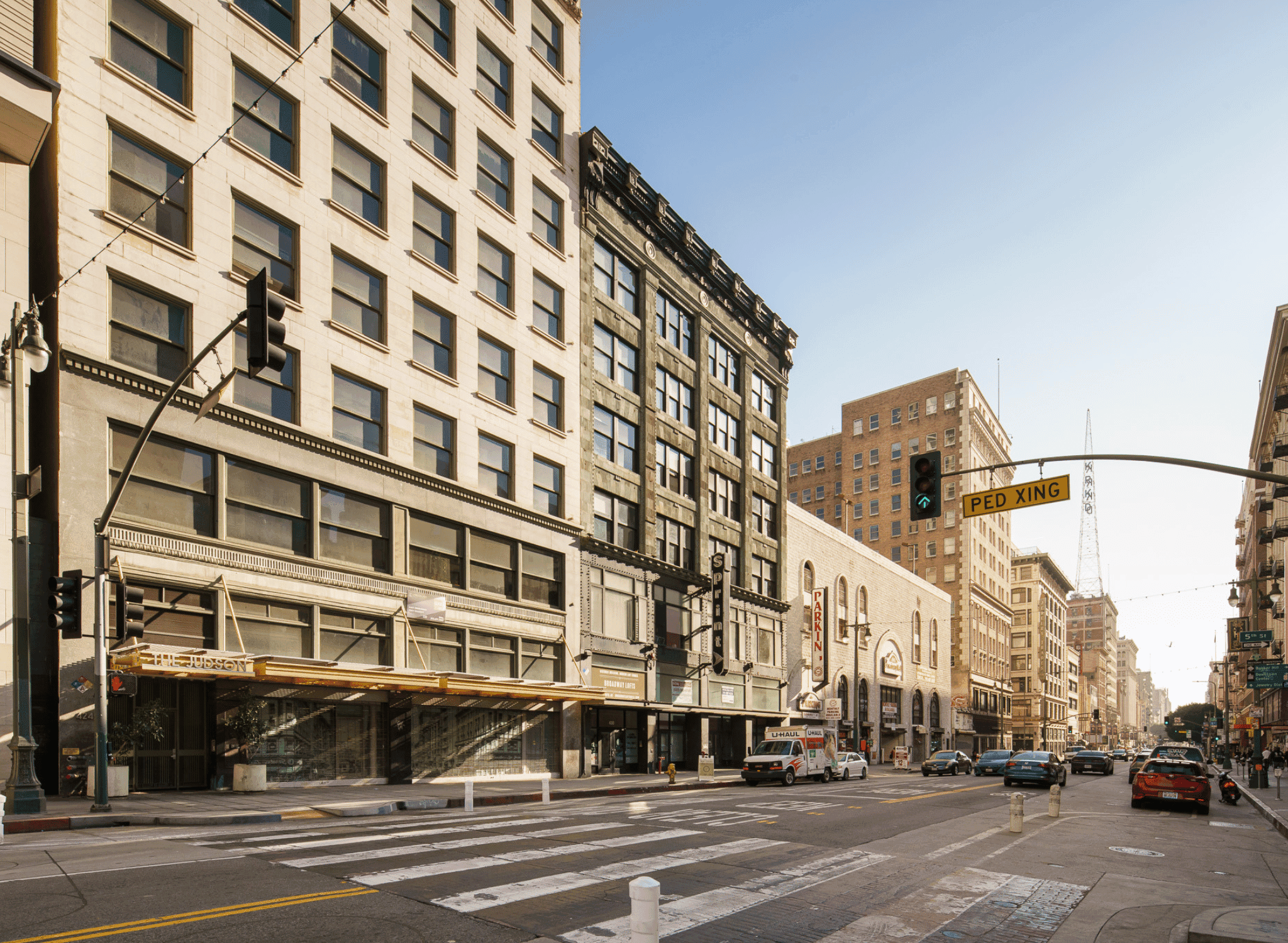 Street-level view of The Judson historic apartment building on Broadway in Downtown Los Angeles.