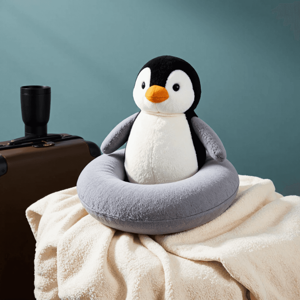 product photography of plush penguin toy and a travel neck pillow