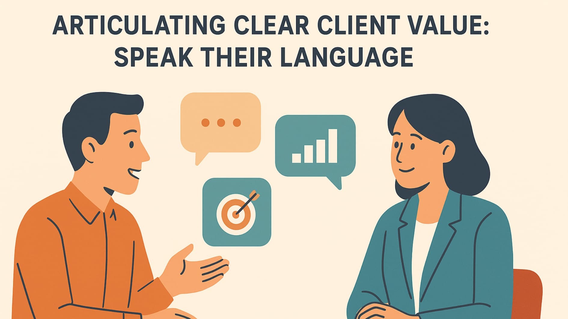 Illustration of marketer explaining Unique Value Proposition (UVP) Crafting to client using visual icons and charts.