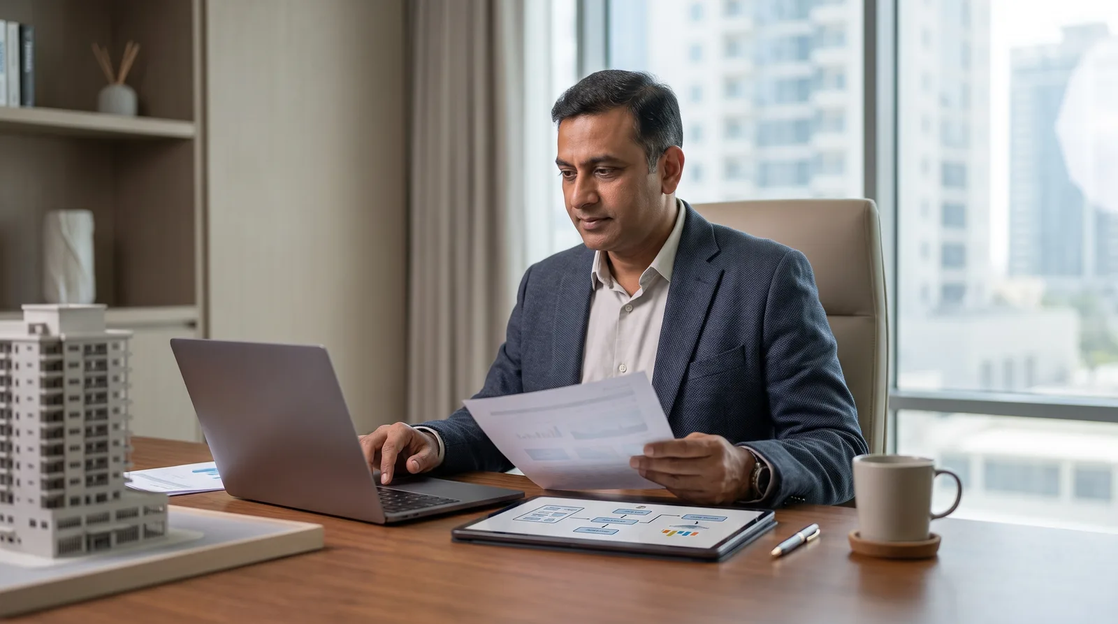 Indian founder discussing Dubai company ownership with an advisor at a modern office