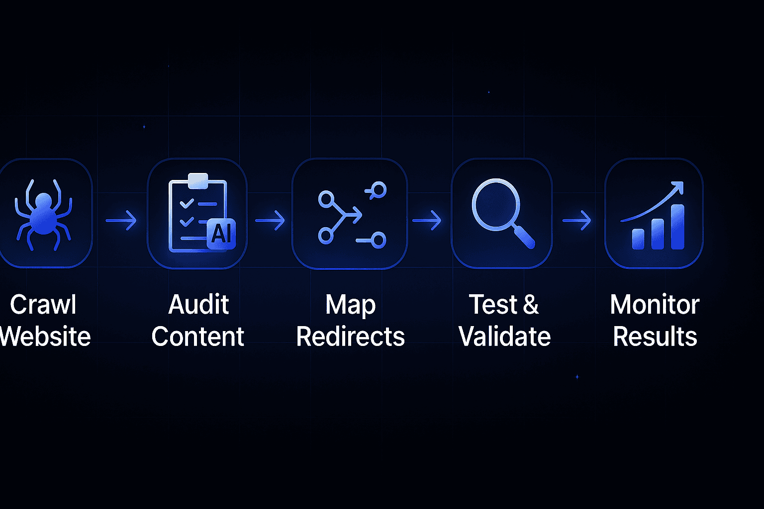 Five-step flowchart depicting audit, requirements, redirects, validation, and monitoring phases of CMS migration.