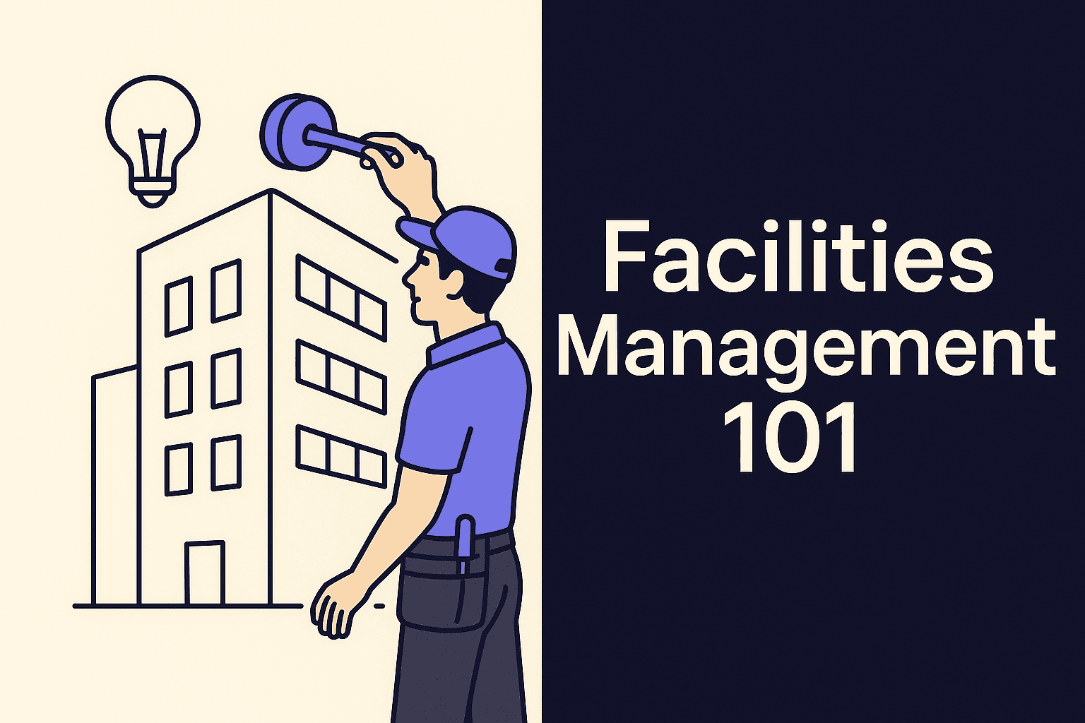Facilities technician repairing equipment next to a building icon, featured in the Facilities Management 101 blog banner.