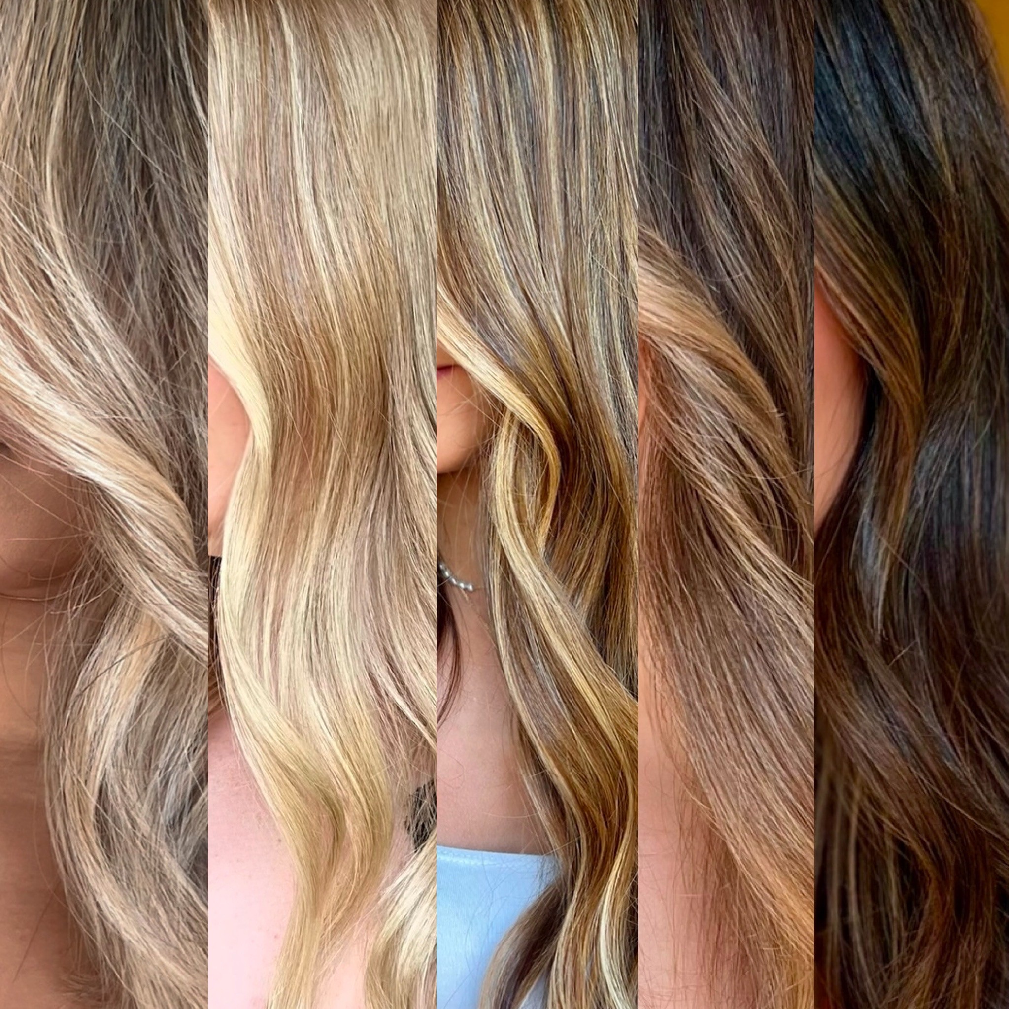 Blonde and brunette hair color transformations by Jenn Montoya Palmore at Bomane Salon, Beverly Hills – showcasing dimensional highlights and rich hair tones.