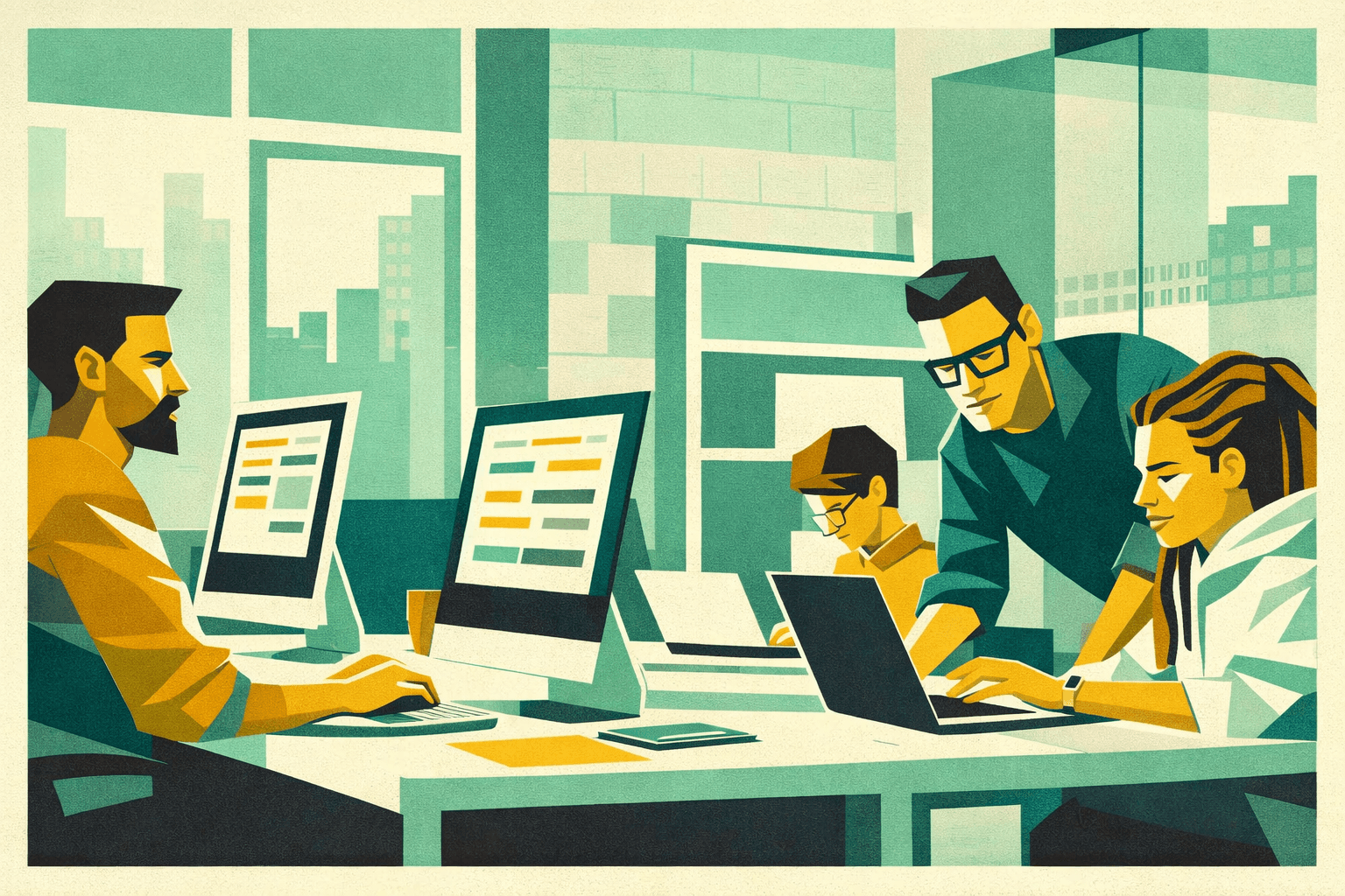 Team di professionisti over 30 al lavoro su più schermi, tra pressione quotidiana e necessità di cambiare direzione