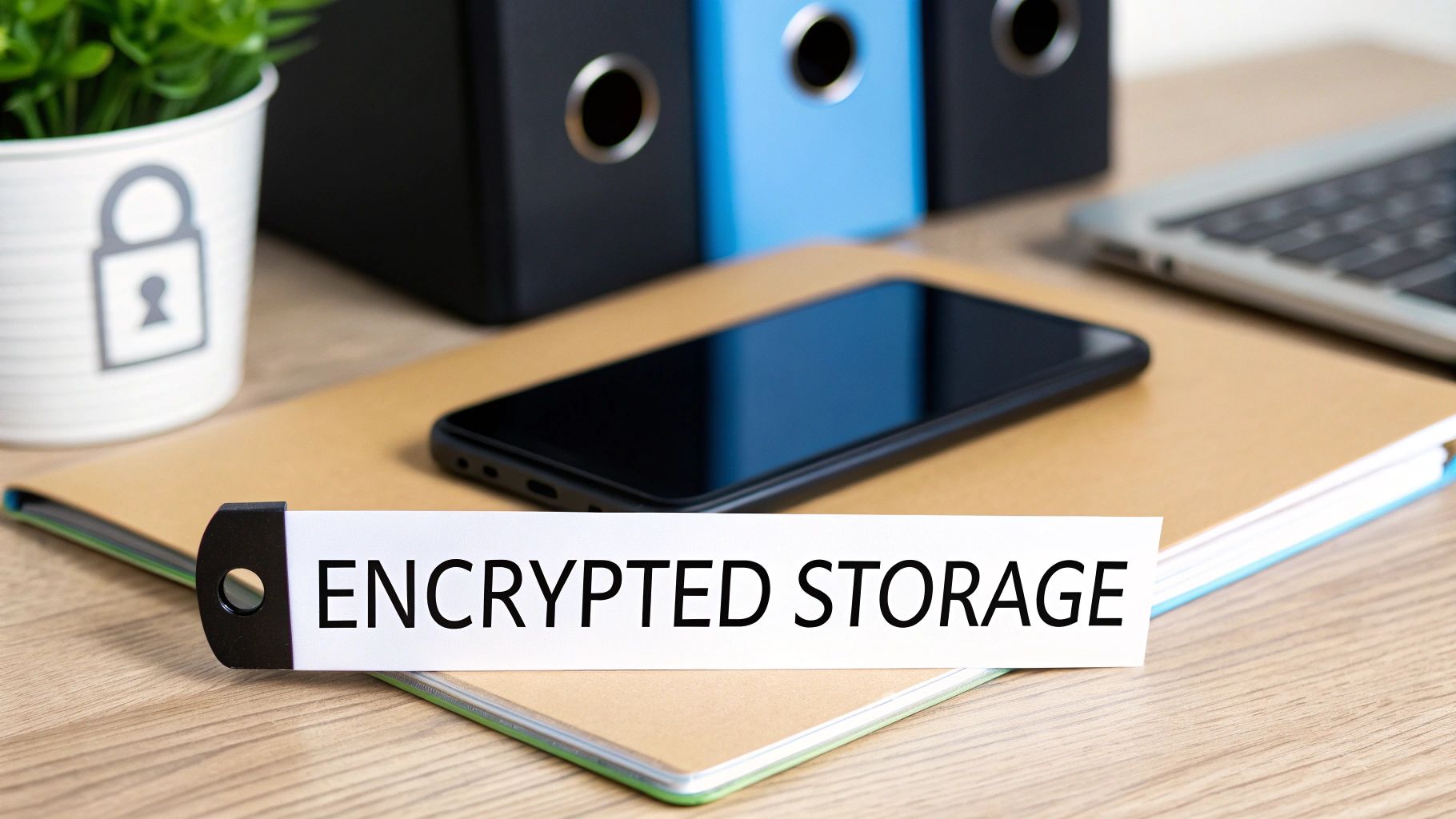 Desk with smartphone, notebook, folders, and a sign 'ENCRYPTED STORAGE' representing data security.