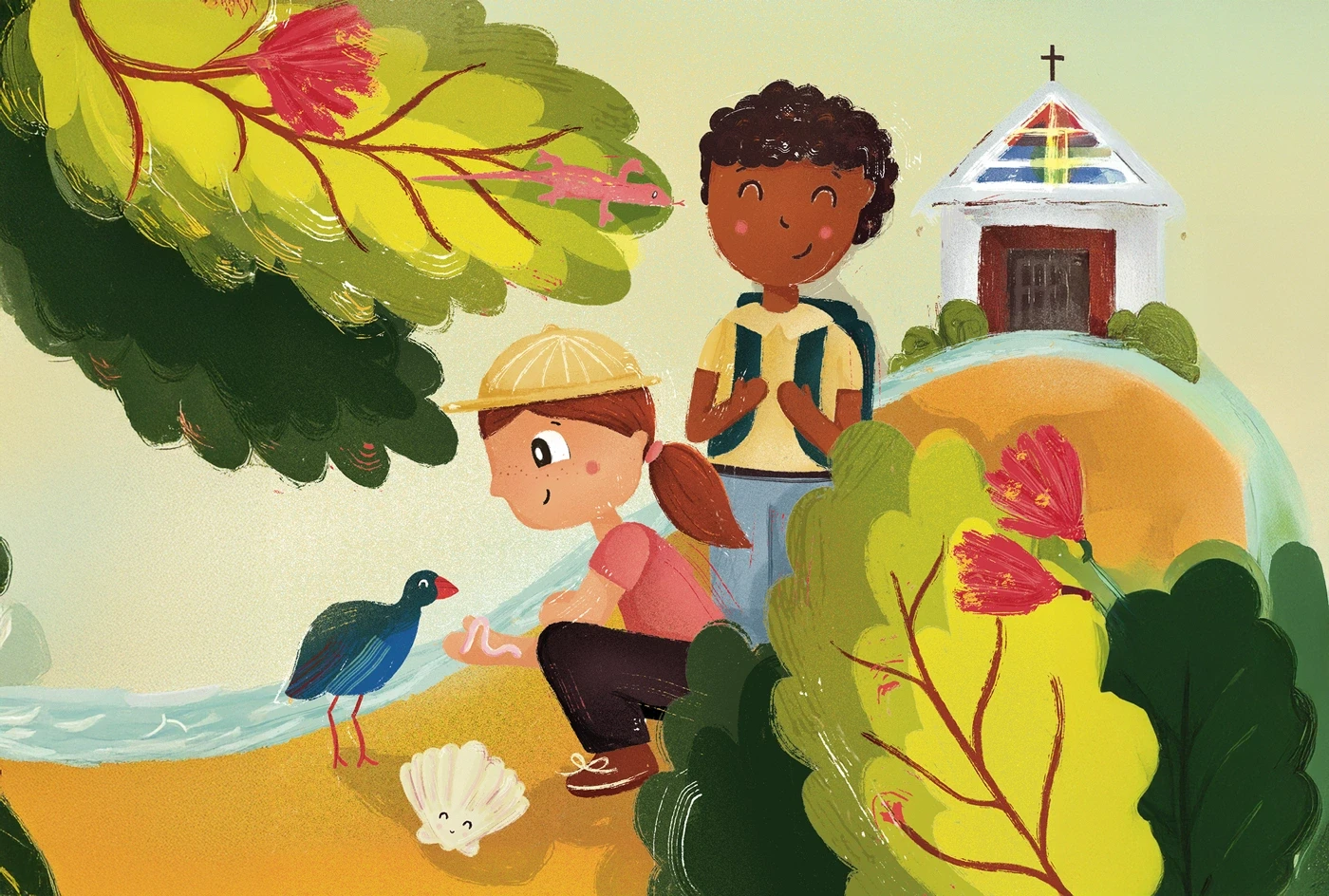 Illustration of children outside a church