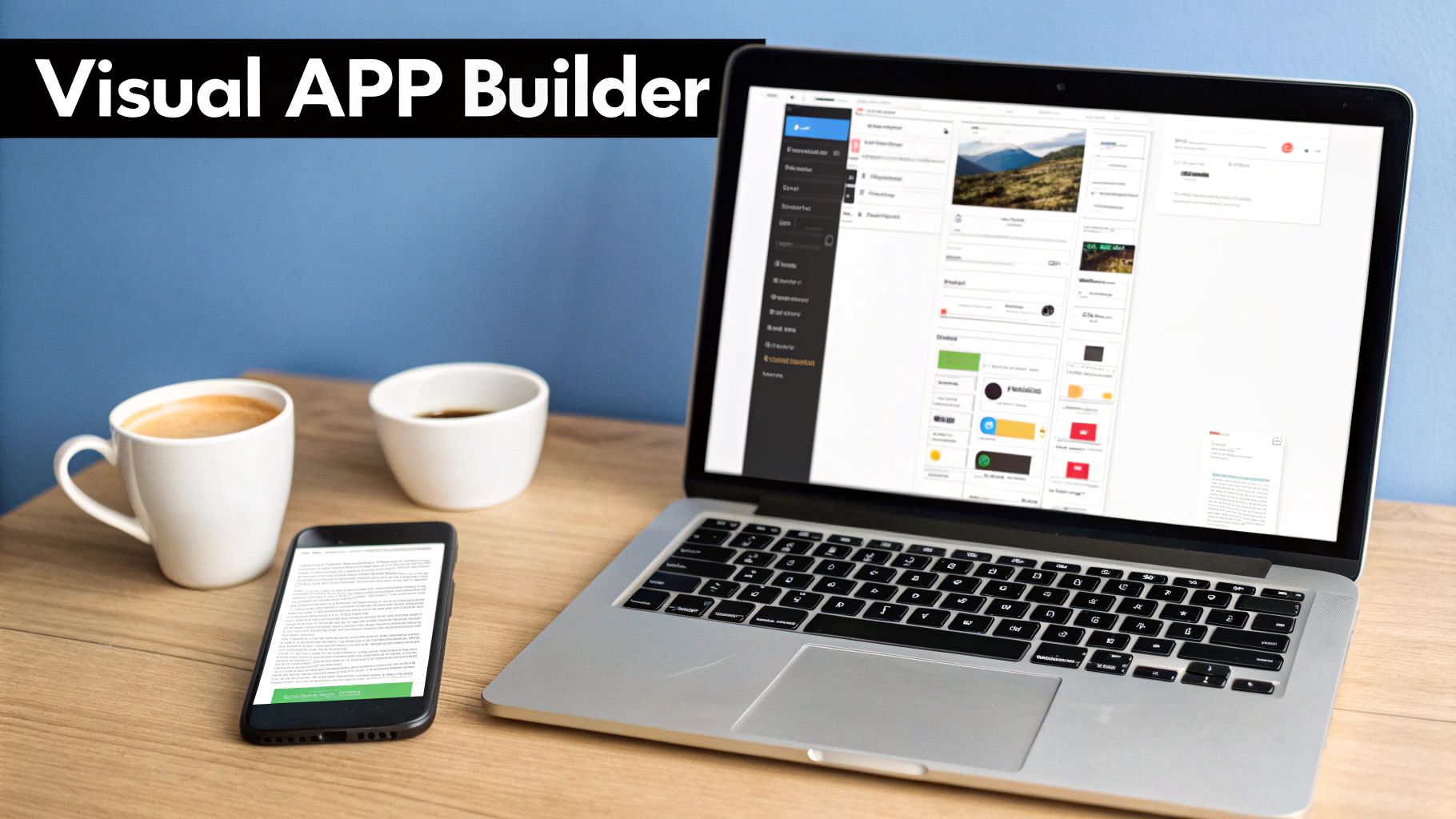 A designer using a drag-and-drop interface on a large screen to build an app, showing the visual creation process.