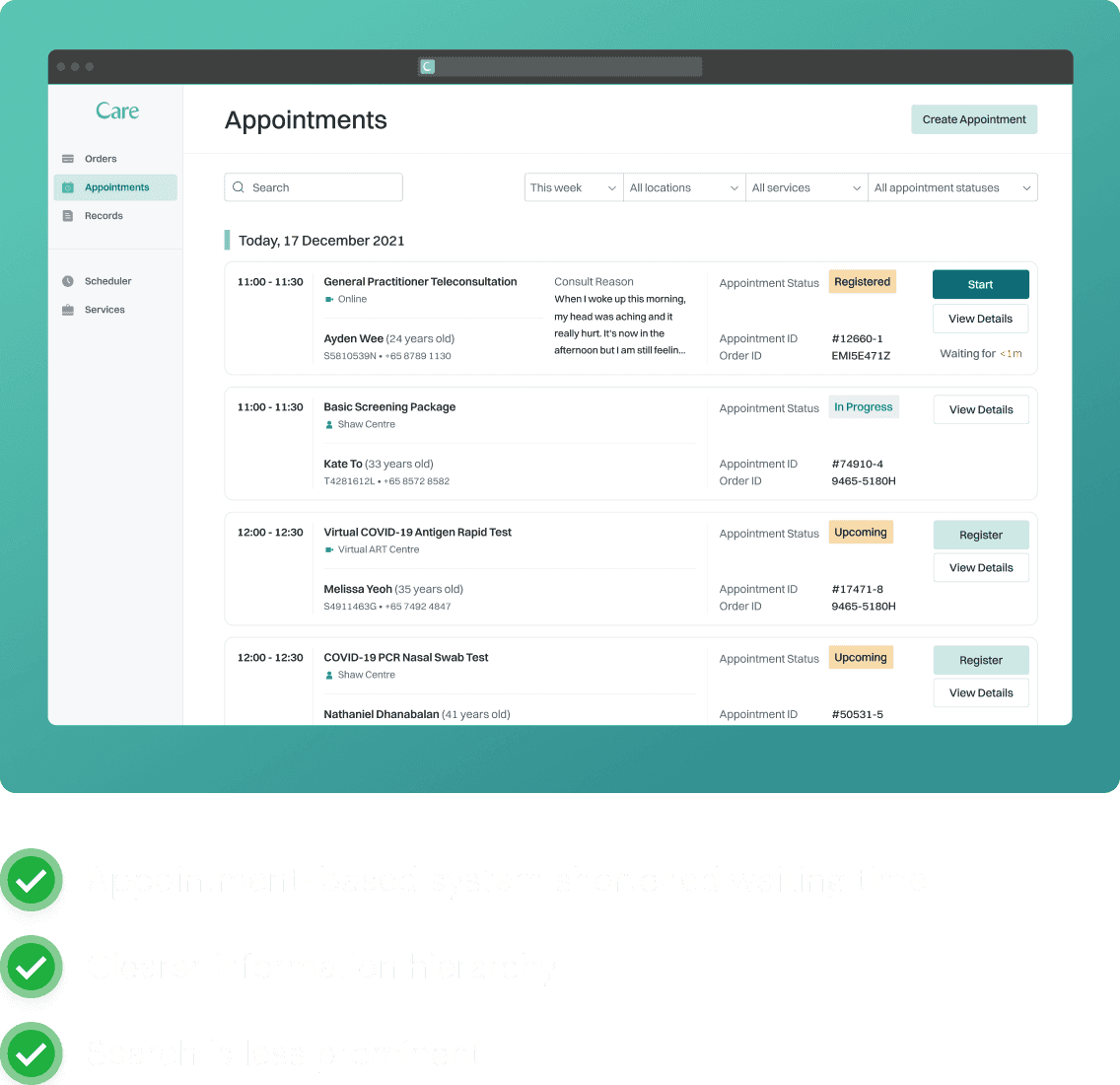 Shows an updated and improved appointment scheduling interface for a teleconsultation platform. The design simplifies the process, displaying appointment times, details, and the status of each appointment in a clear and concise manner, reducing waiting time and improving the overall user experience.