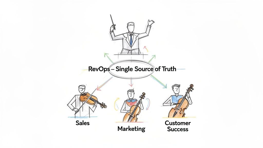 Illustration of RevOps as a single source of truth, harmonizing Sales, Marketing, and Customer Success teams.