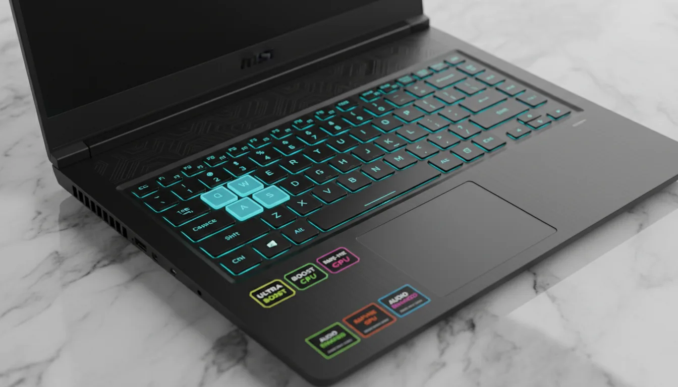 DSLR photography, a high-angle close-up of a black MSI gaming laptop resting diagonally on a polished white and grey marble surface. The scene is lit by soft studio lighting. The keyboard glows with a vibrant cyan backlight, and the WASD keys are made of translucent material, making them shine brighter. The laptop has a matte black metal texture with a dark patterned accent above the keyboard. Sharp focus is on the center of the keyboard, creating a shallow depth of field with a slightly blurred background. The palm rest features several generic colorful tech specification stickers.