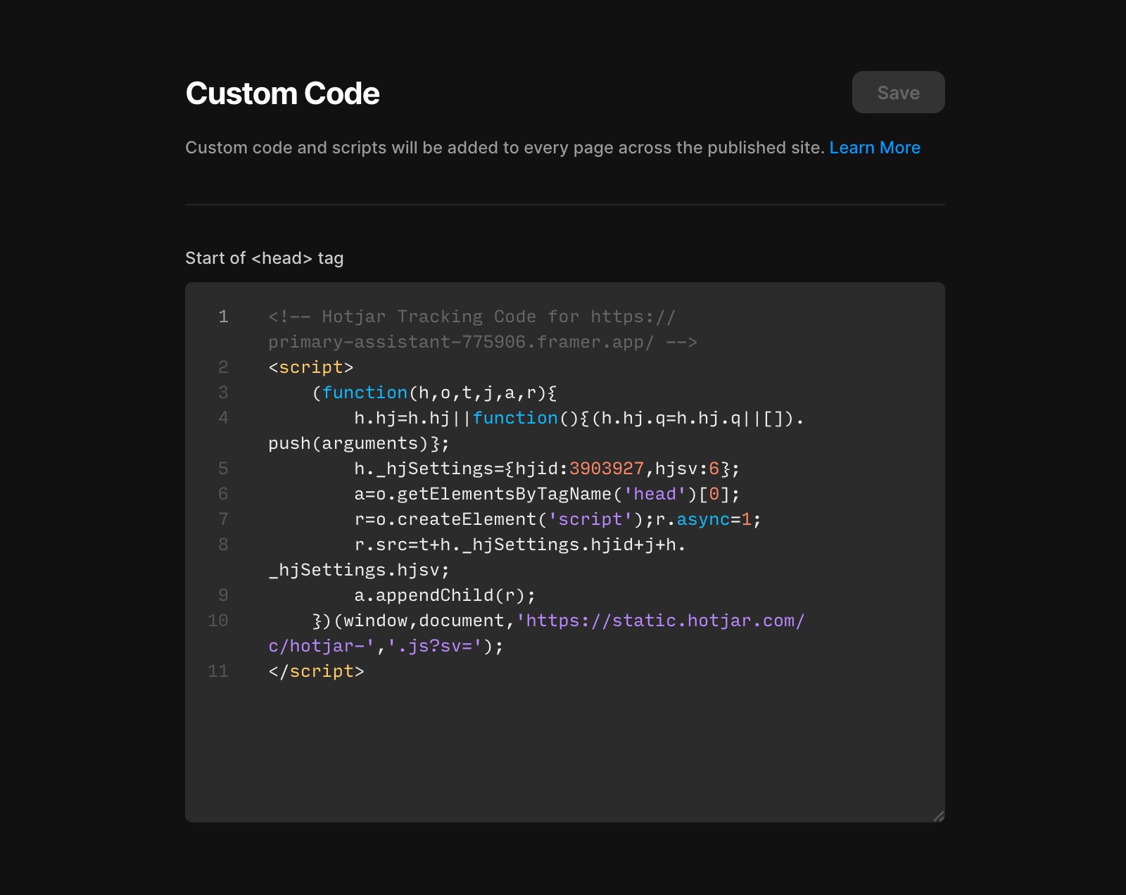 Screenshot of a 'Custom Code' editor interface showing a JavaScript snippet for integrating Hotjar tracking.