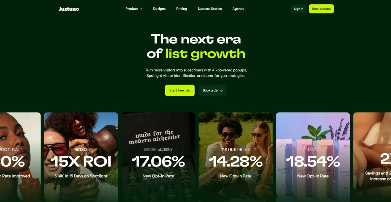 Justuno homepage showing its ecommerce conversion and personalization platform