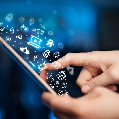 SmartCloud incident management interface on a tablet: hand touch triggering a pipeline of notifications via Telegram and SMS icons