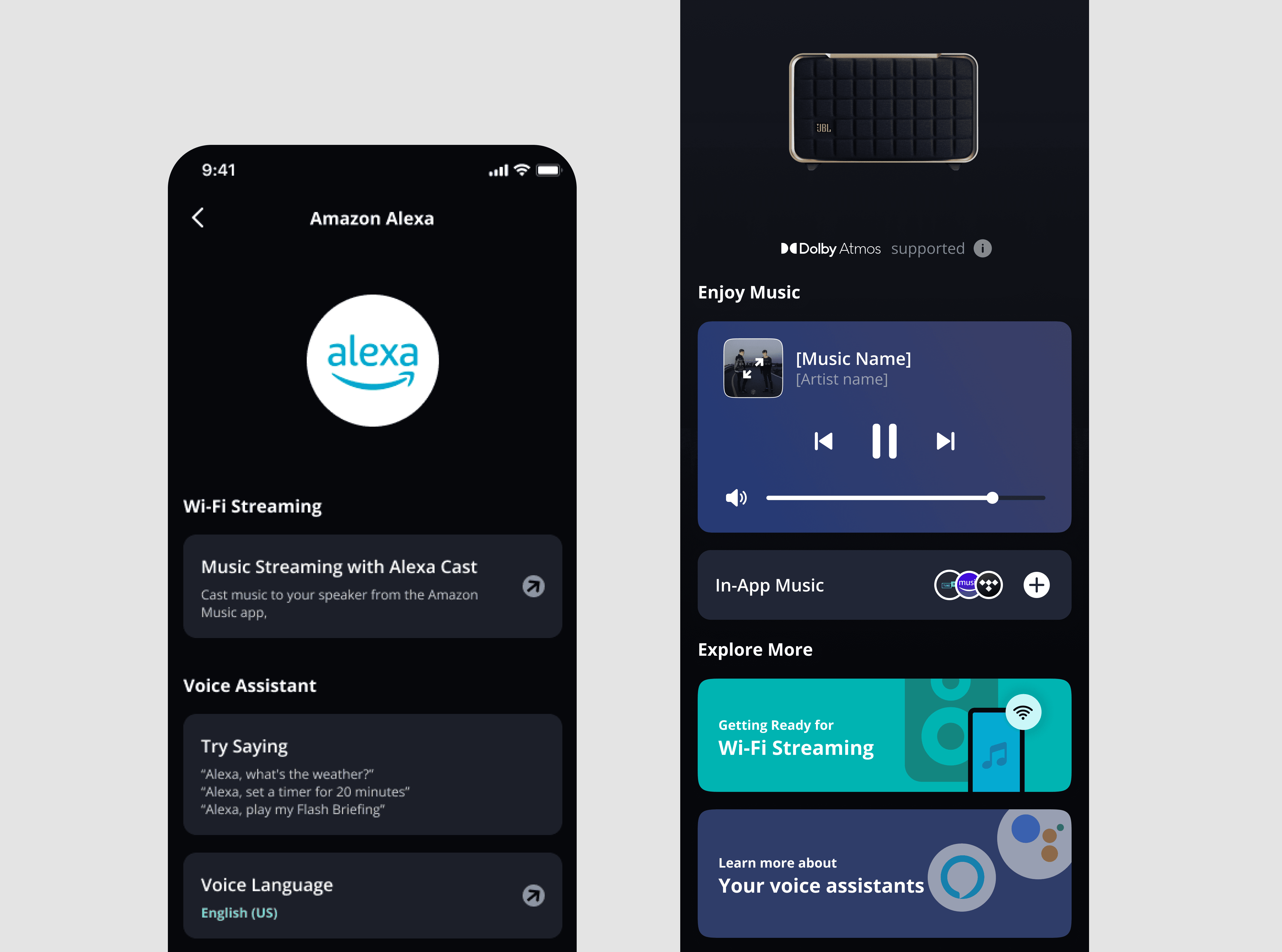 Per-assistant settings and music playback screens in the JBL companion app.