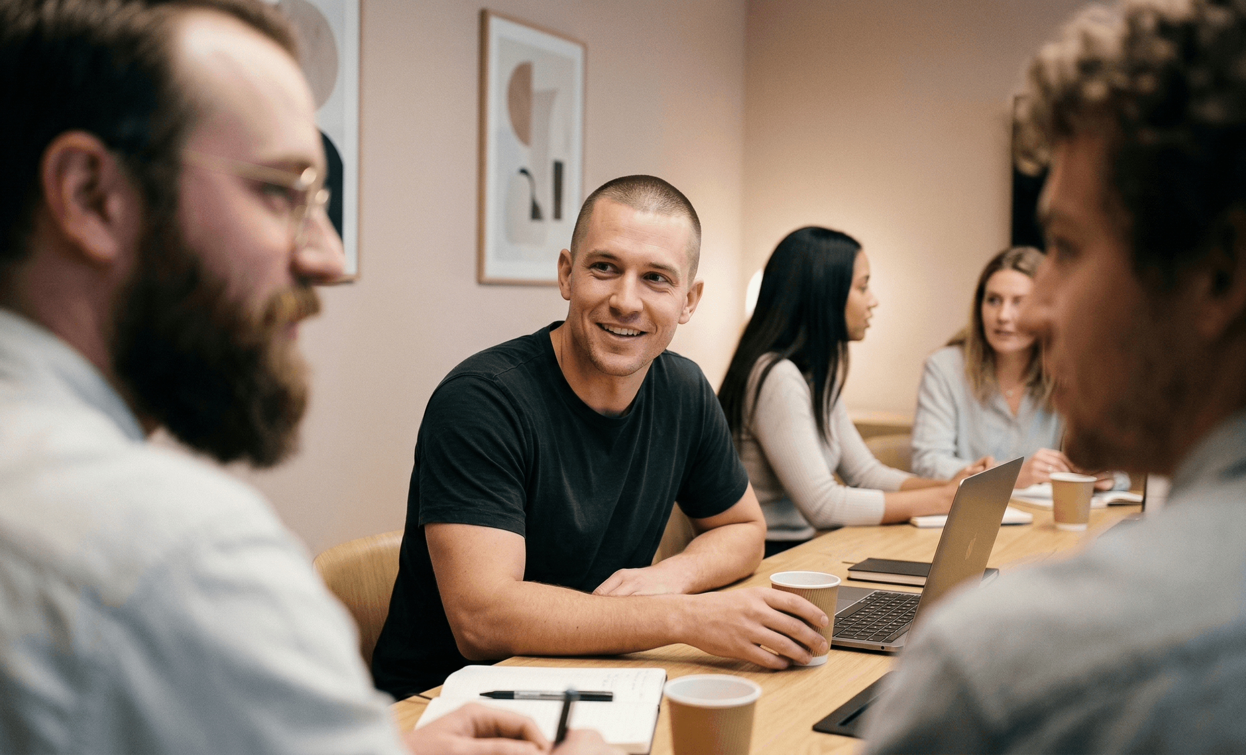 Team having a casual discussion during a meeting in an office