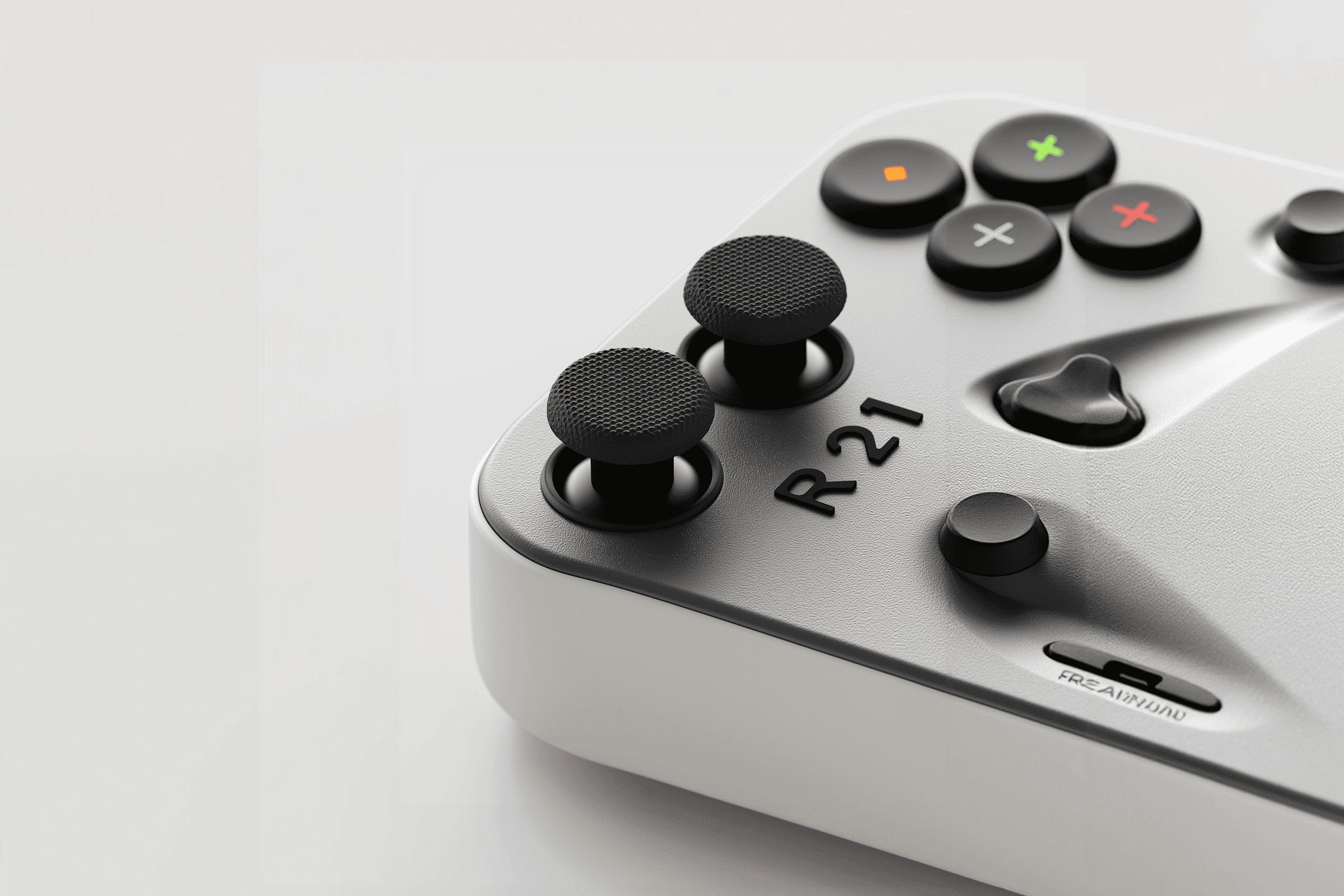 Close-up of a sleek gaming controller with textured joysticks, "R21" branding, and a modern white and gray design