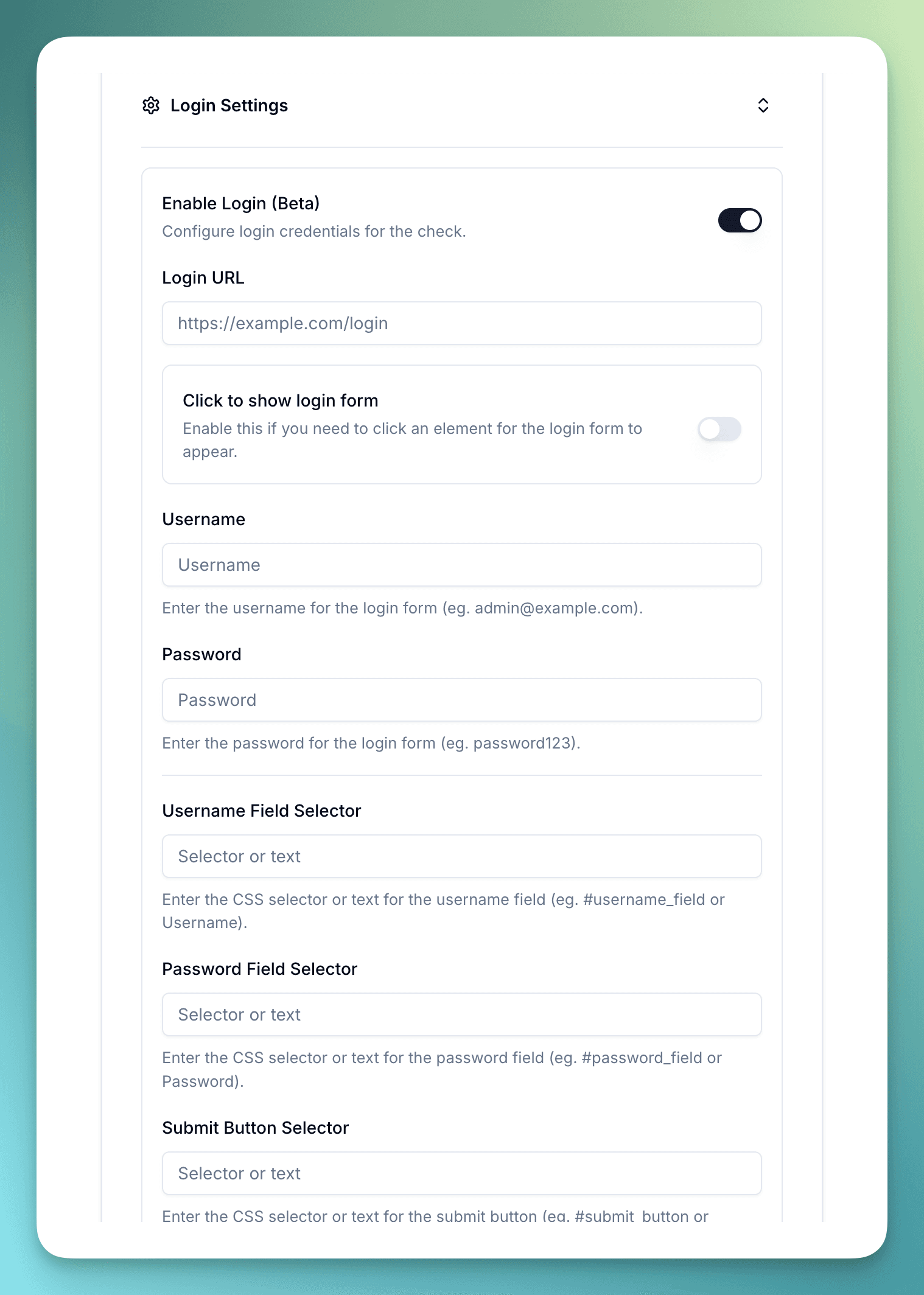 Sitepager login settings panel for configuring username, password, and field selectors to test gated pages automatically.