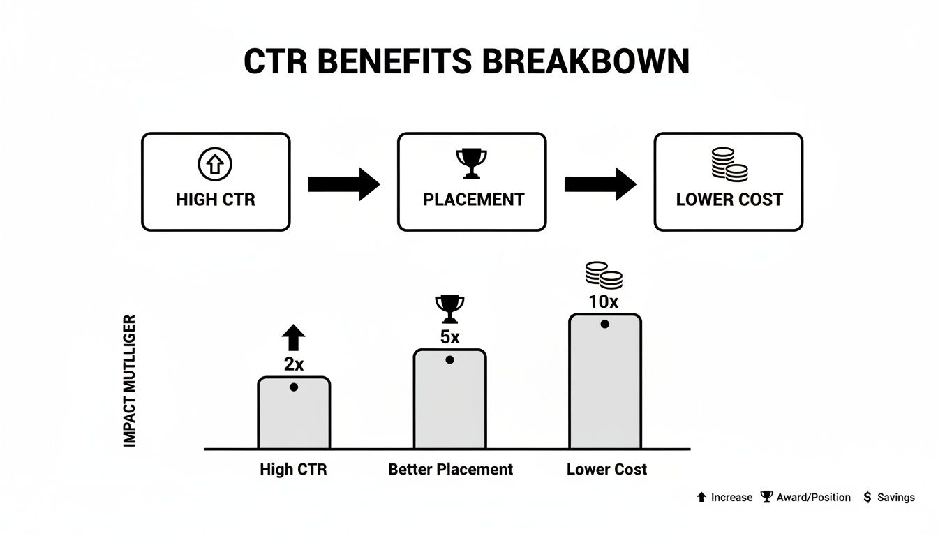 Flowchart and bar chart illustrating CTR benefits: high CTR leads to better placement and lower costs.