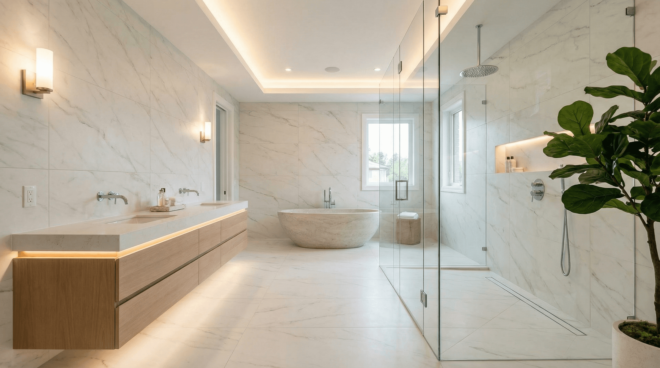 A beautifully finished spa-like master bathroom featuring a massive walk-in wet room, floating warm wood vanity, and flawless large-format tile flooring — the BALLENCIACE standard.
