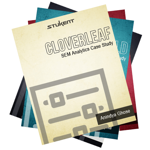 Stack of Stukent case study booklets, with the top one titled Cloverleaf: SEM Analytics Case Study by Anindya Ghose. Covers underneath are partially visible in red, teal, and black.