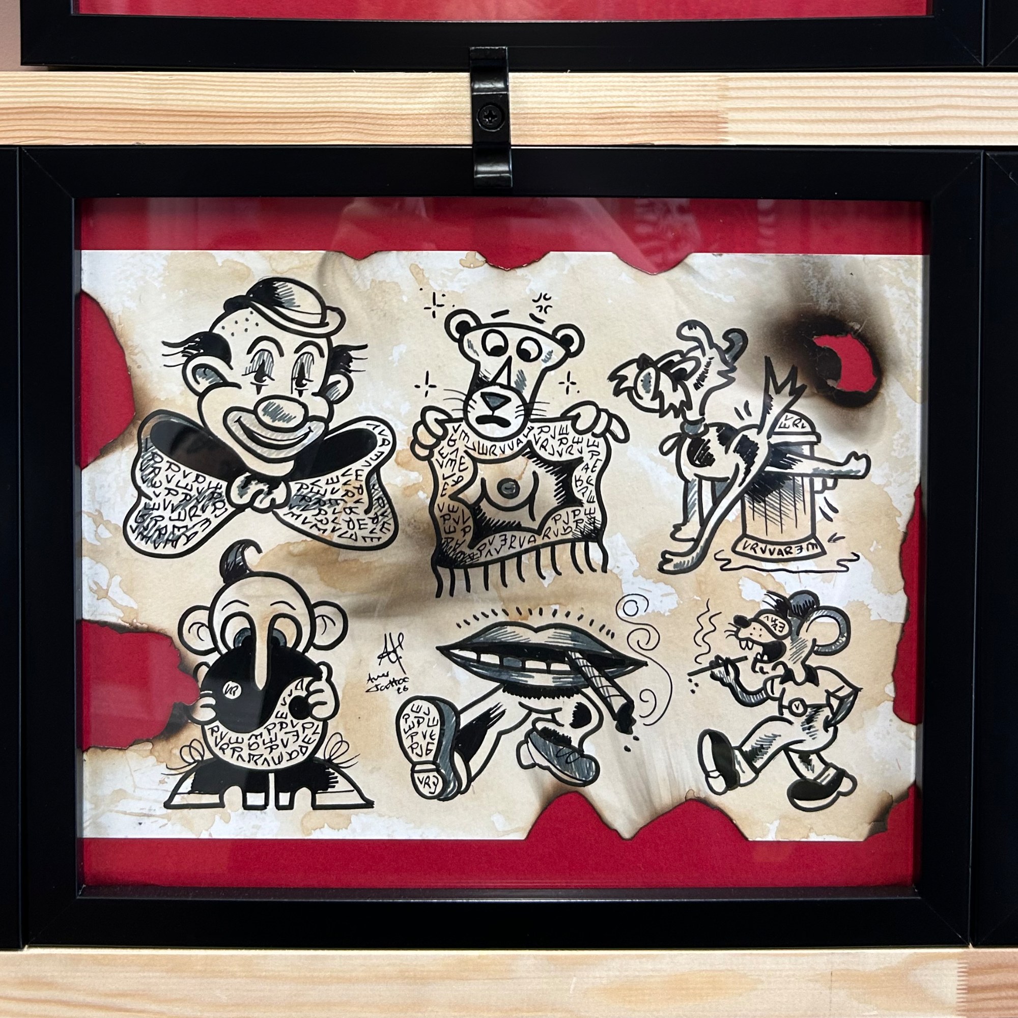 Flash sheet on a red mount: a clown, a bear with a rug, a dog at a hydrant, a big-nosed man, smoking lips and a rat.