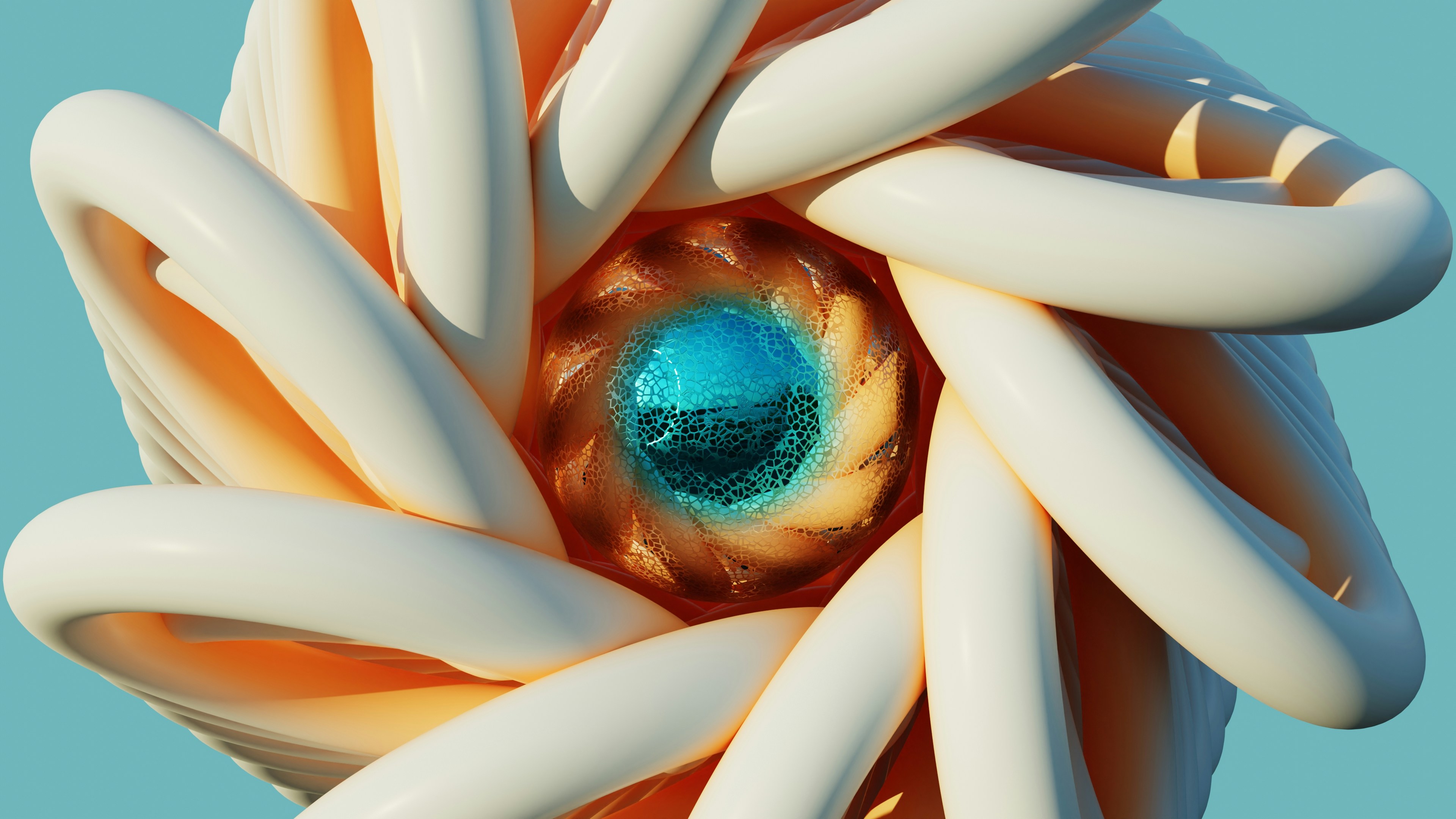 Abstract swirling cream tubes around a blue orb.