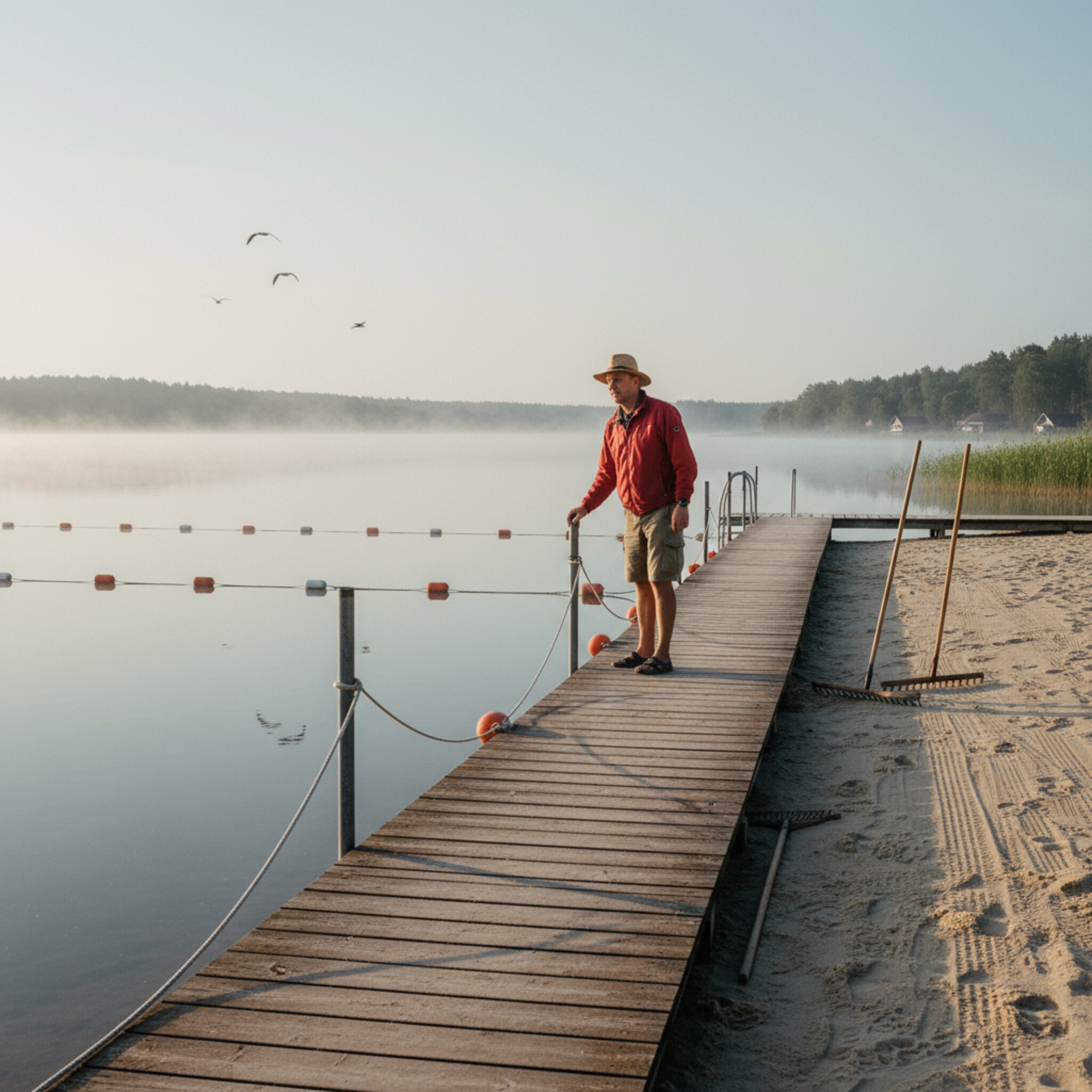 Früher Morgen am See: Dünner Nebel schwebt über dem glatten Wasser, ein Rettungsschwimmer prüft Bojen und Abgrenzungen am Badesteg. Auf dem Sand liegen Rechen und Markierungspfosten bereit, Möwen kreisen leise. Das Licht ist weich, die ersten Sonnenstrahlen zeichnen lange Schatten über den Strand.