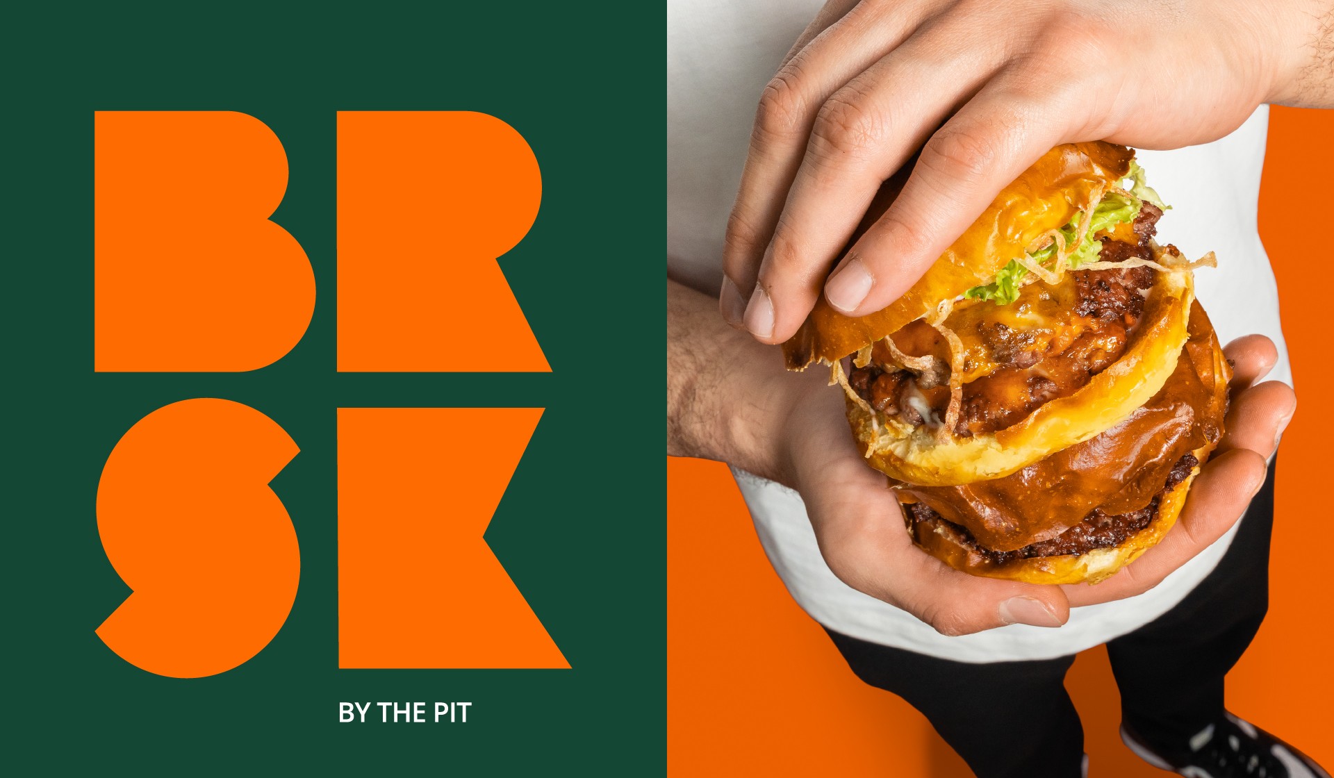 BRSK BY THE PIT, DUBAI, UAE, FASTFOOD CHAIN, BRSK LOGO, GREEN AND ORANGE, MAN HOLDING DOUBLE PATTY BURGER