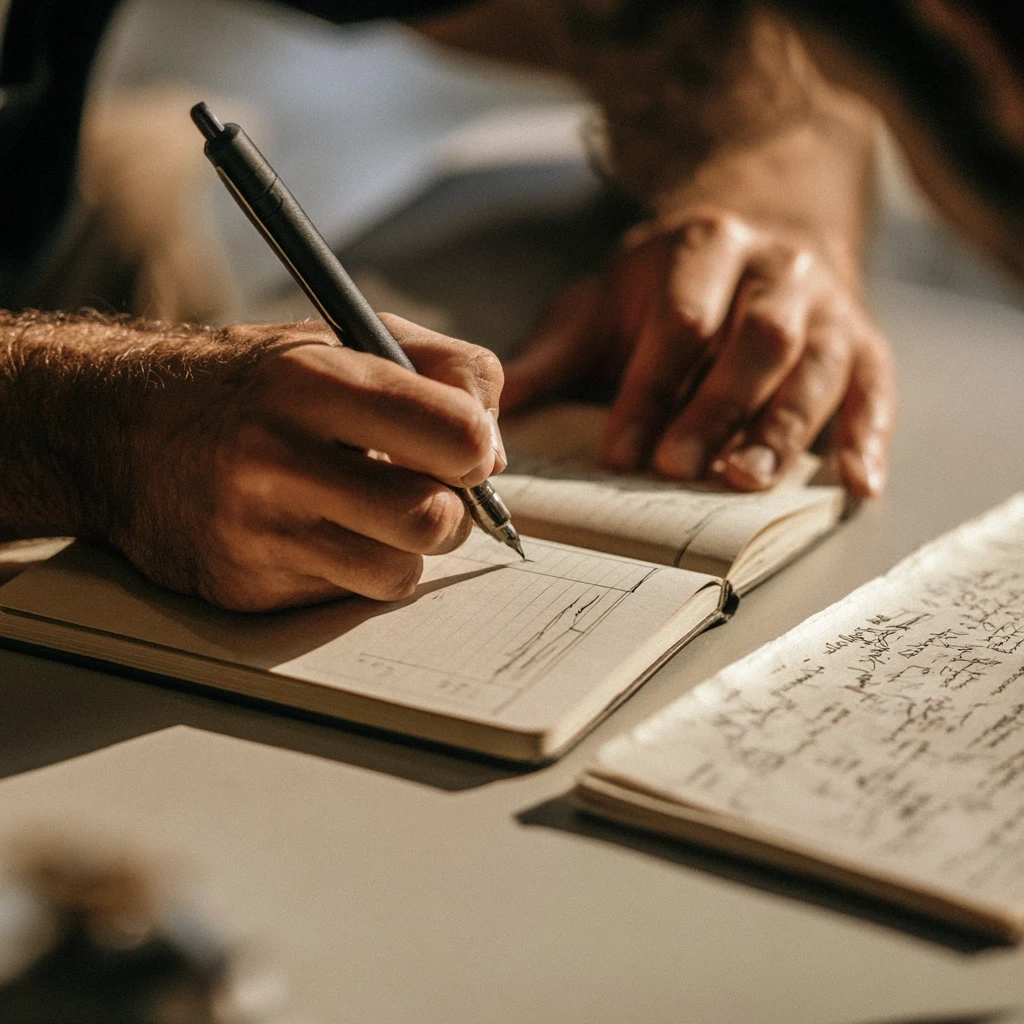 Close-up of hands writing two columns in a notebook