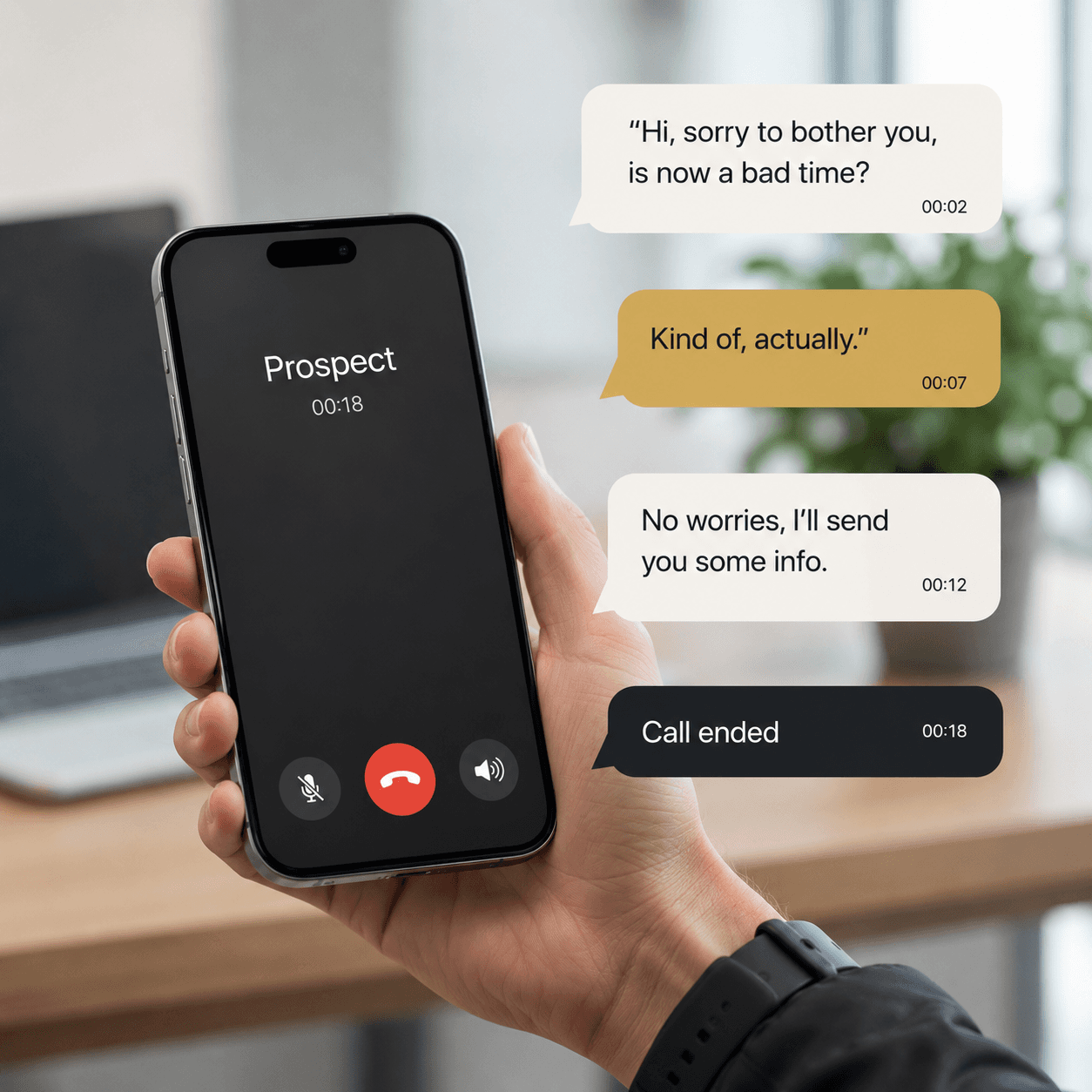 Hand holding a phone with cold-call speech bubbles