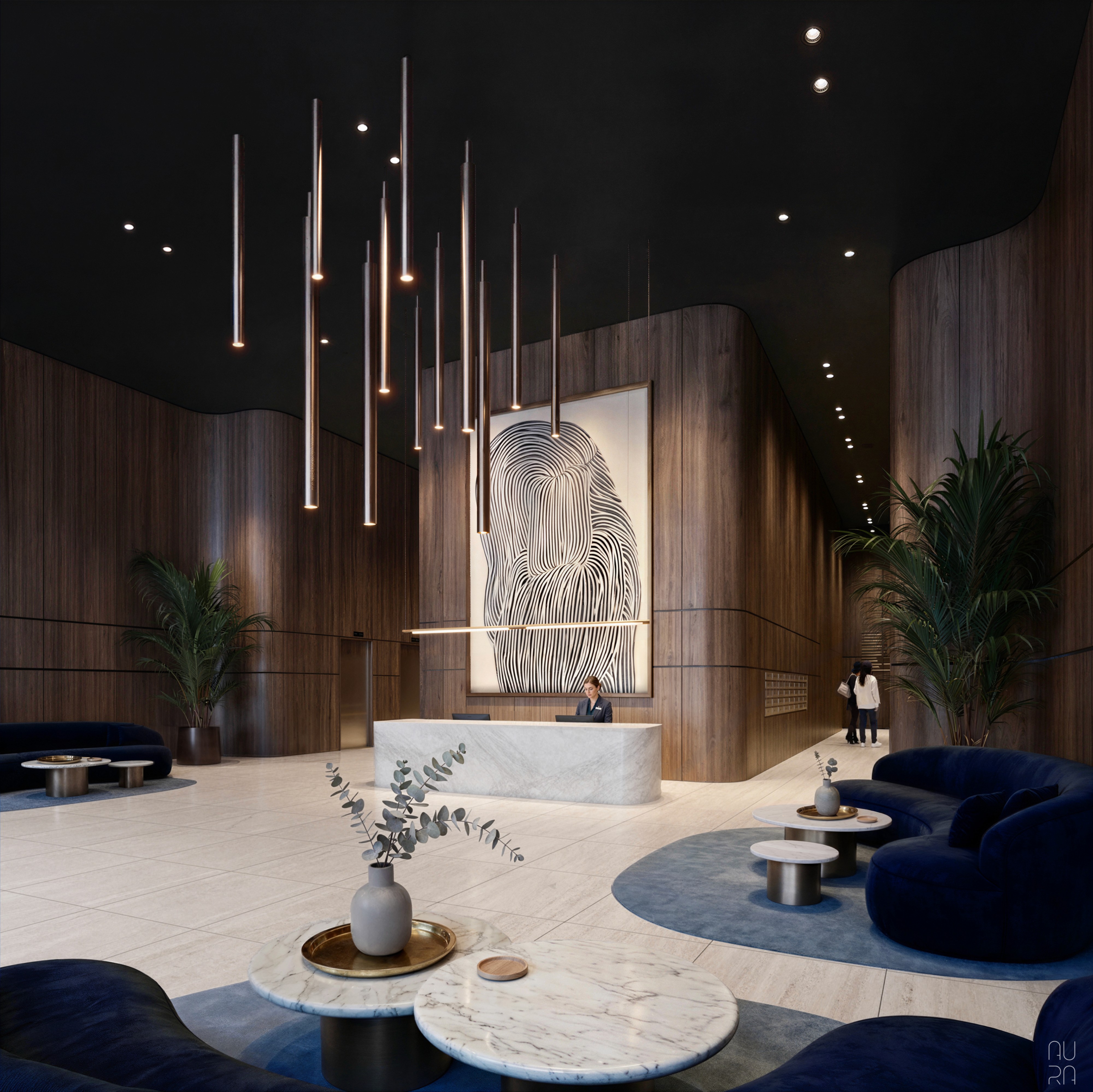 Architectural visualization of Harbourline Residences, Vancouver, Canada — luxury building lobby with curved dark wood paneling, hanging brass tube lights, and navy velvet seating, visual by Aura - Architectural Visualization Studio