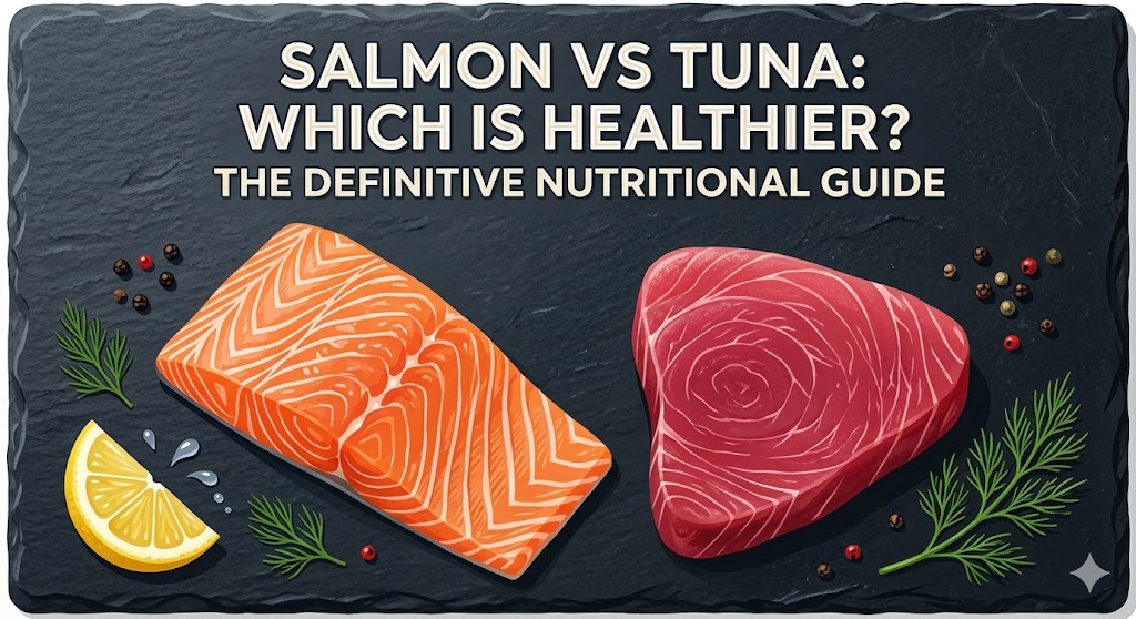 A high-end culinary illustration of a salmon fillet and tuna steak on a slate background, featuring the title: "Salmon vs Tuna Which Is Healthier? The Definitive Nutritional Guide."