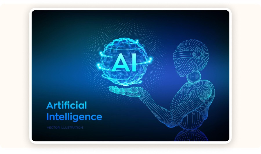 Robot holding a glowing sphere labeled “AI”