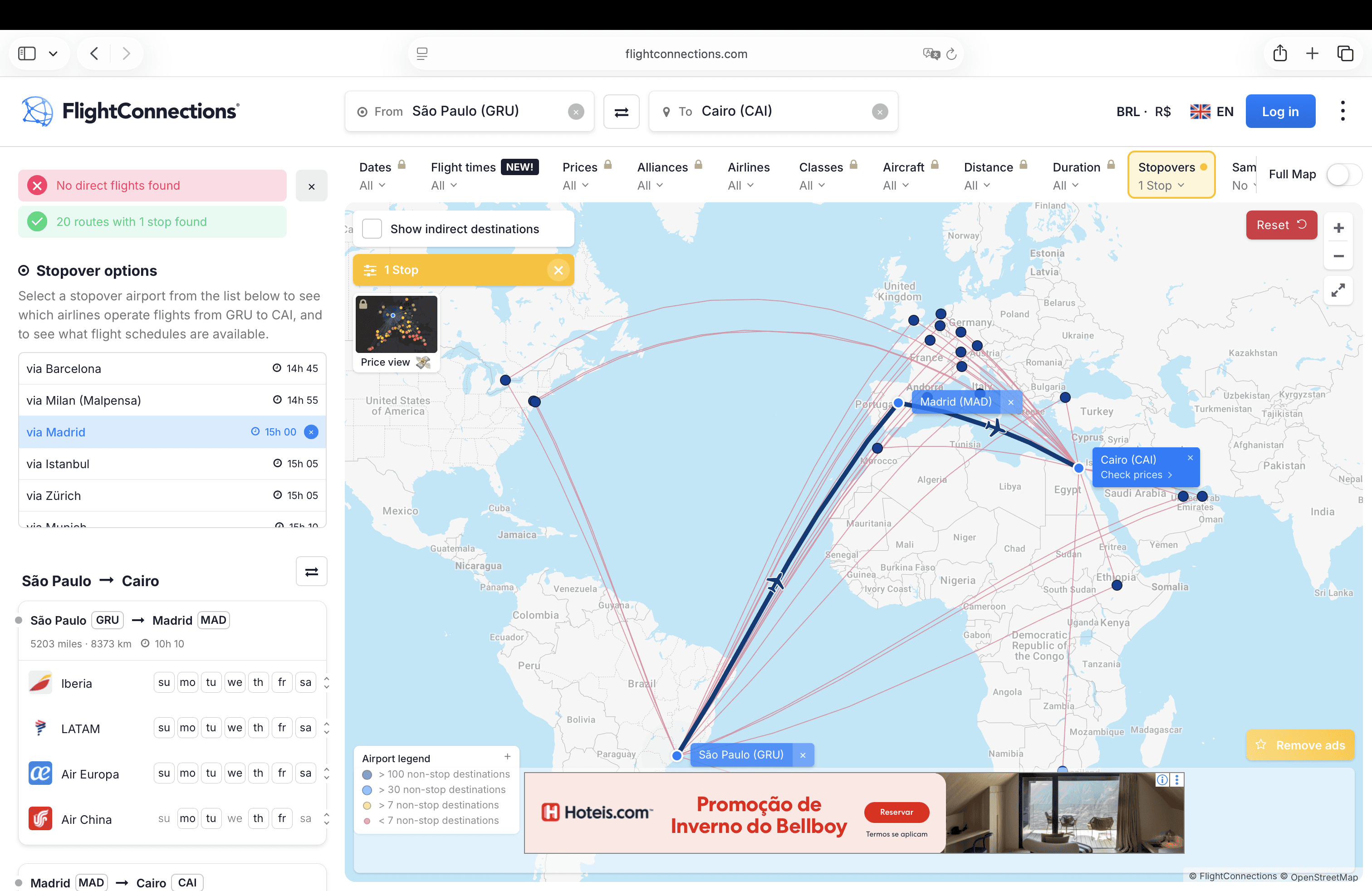 Rota de São Paulo para o Cairo com conexão em Madri no FlightConnections