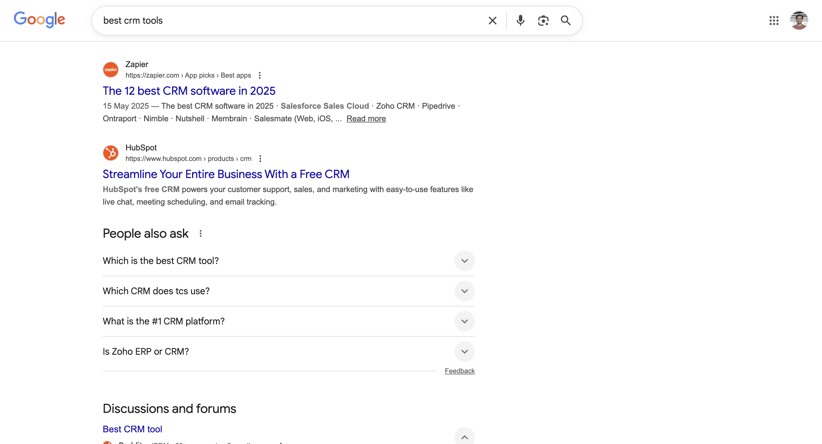 A screenshot of a google search for 'Best CRM tools'