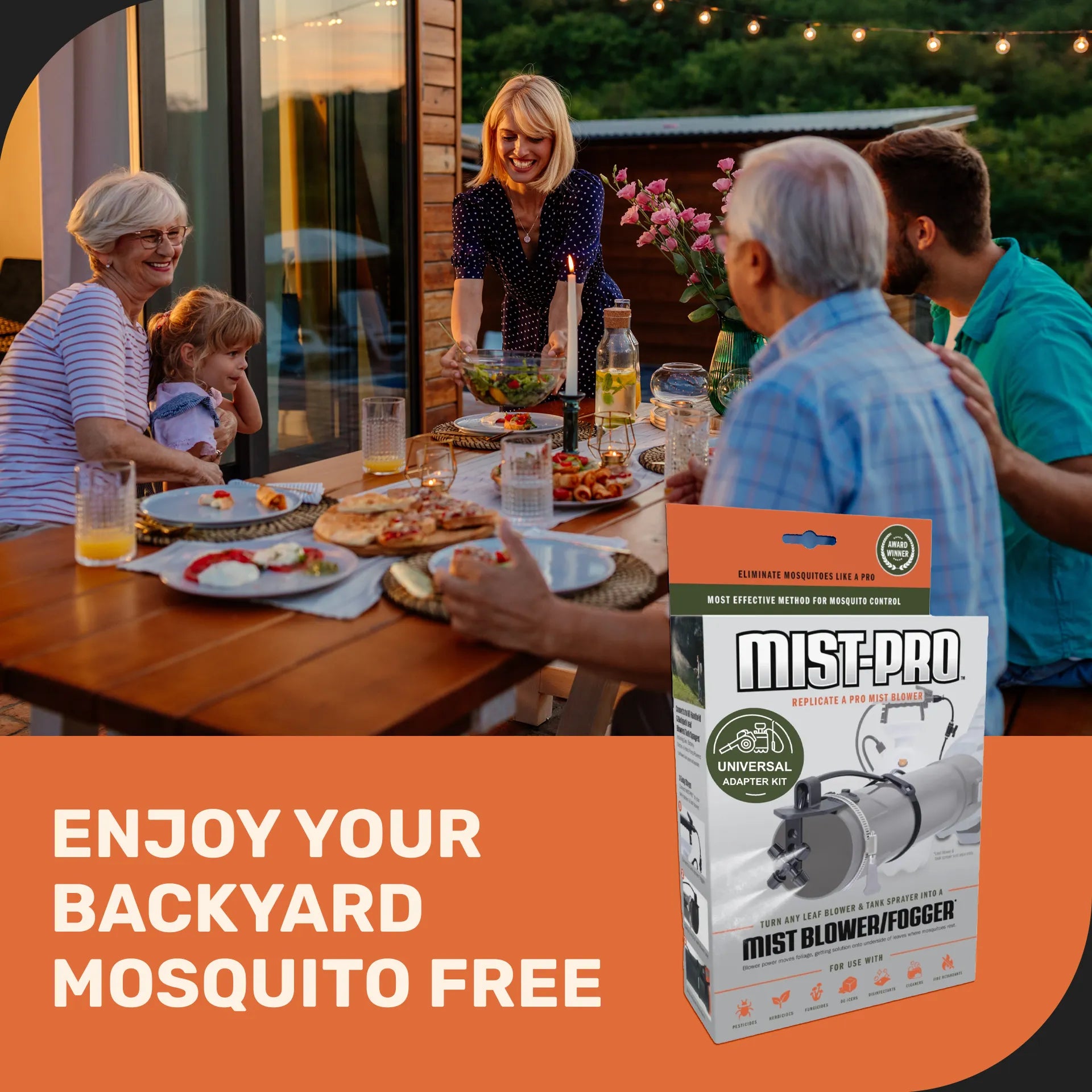Family enjoying a meal outdoors with a product advertisement for MIST-PRO on an orange background.