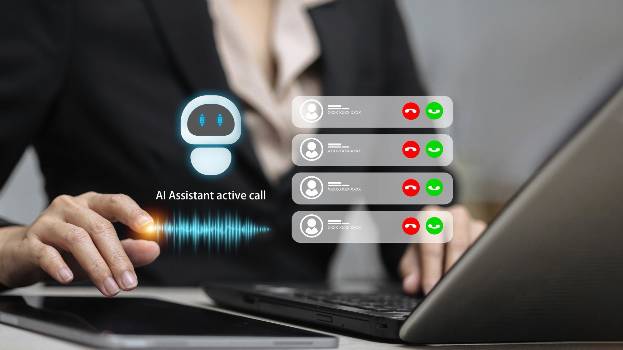 Businesswoman using AI assistant active call interface with virtual voice assistant