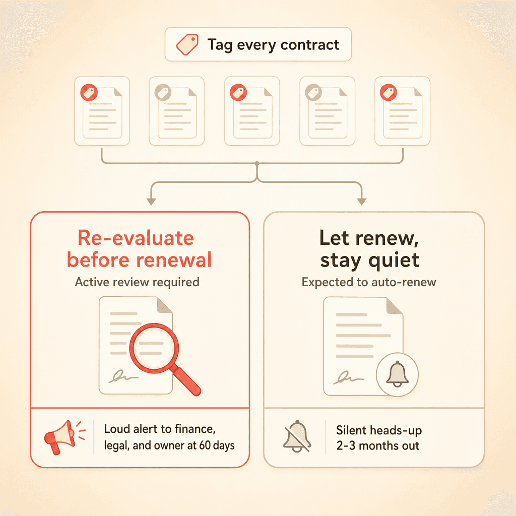 Two buckets for renewal alerts: contracts to re-evaluate before renewal and contracts to let renew with a silent notice
