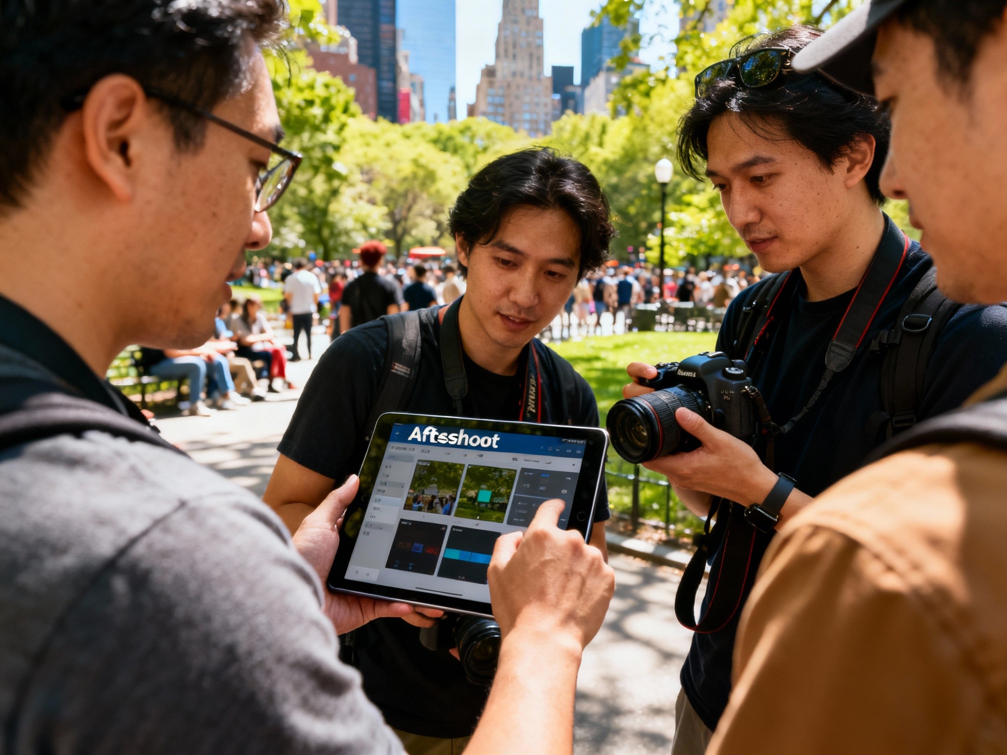 A vibrant midday wide-angle outdoor scene showing a group of photographers collaborating around a