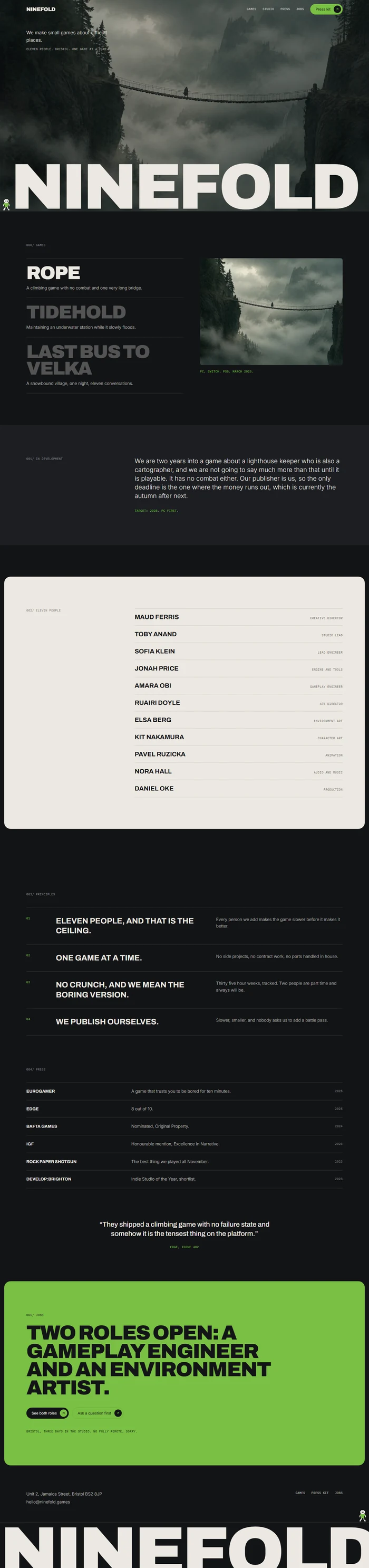 Full page of an AI-generated game studio website with a key art hero, games index with swapping artwork, in development statement, team credits list on bone, numbered principles, press and awards list, a single quote, green jobs panel and footer
