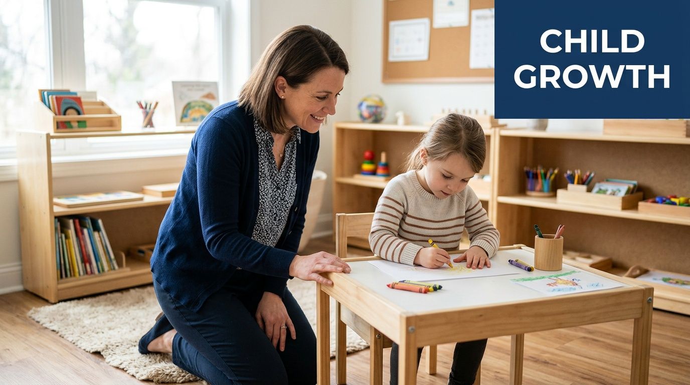 A teacher kneels beside a young girl as she draws with crayons at a classroom table.