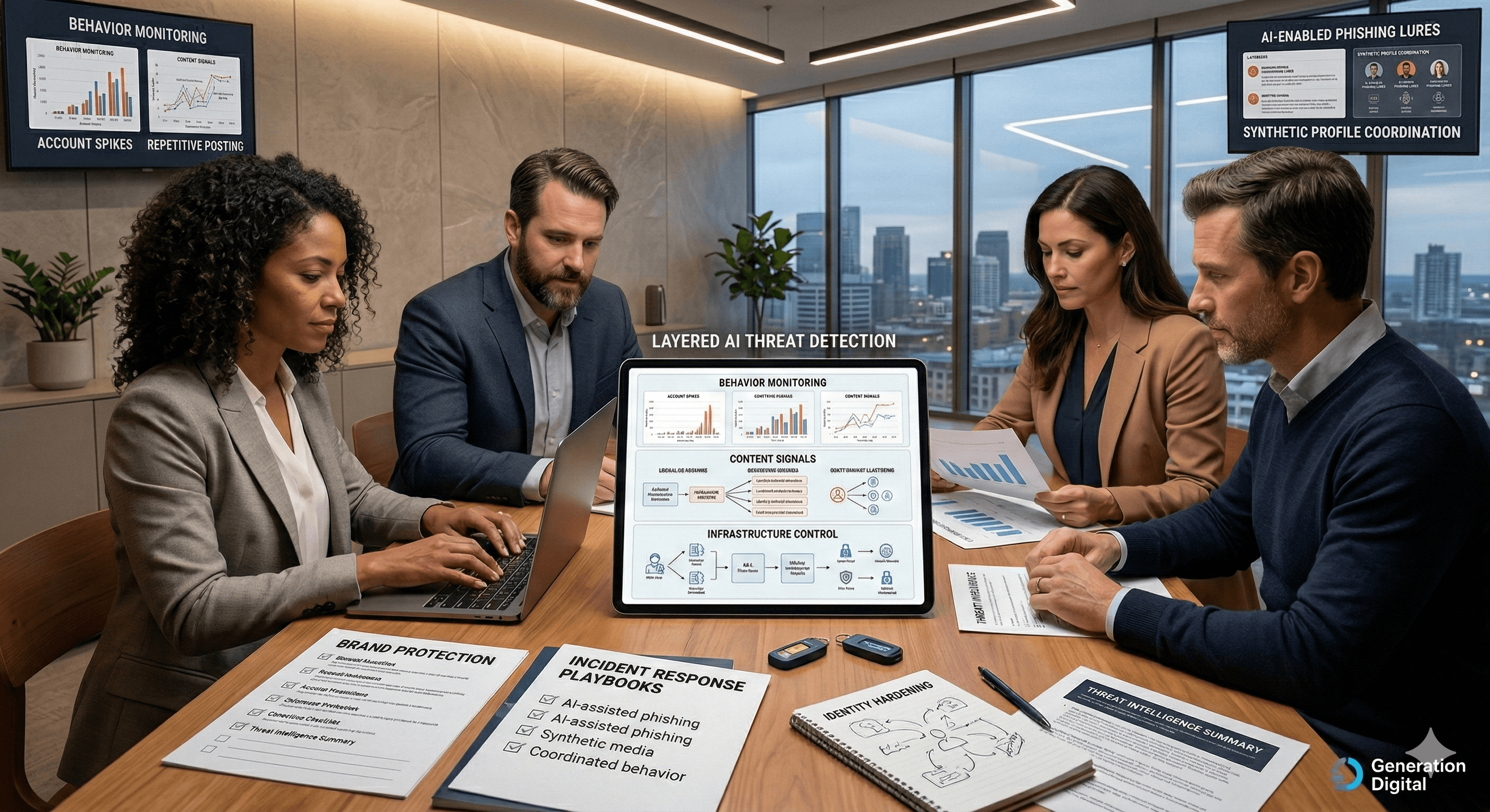 A group of professionals gather around a conference table in an office with large windows overlooking a cityscape, discussing cybersecurity strategies displayed on a laptop screen, including behavior monitoring, layered threat detection, and incident response platforms, alongside printed materials for AI-enabled phishing protection and brand security.