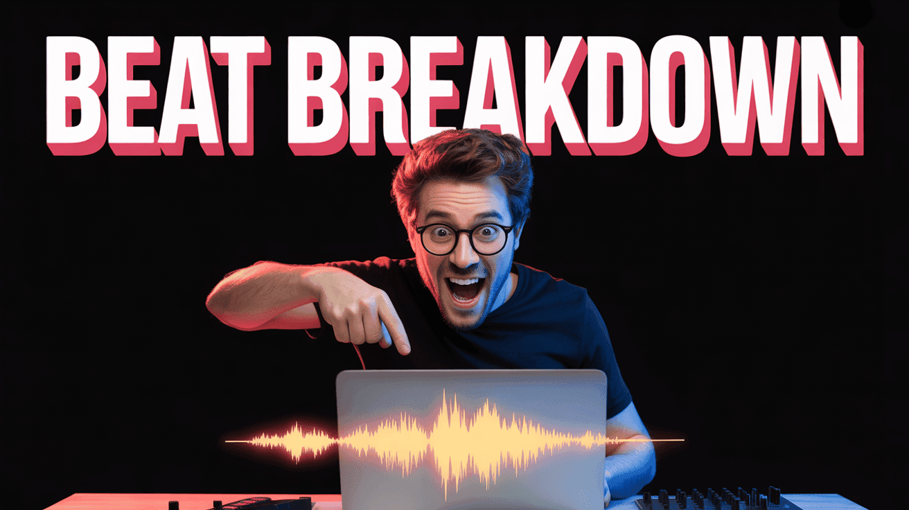 Beat Making Breakdown Thumbnail Template, featuring an excited music producer pointing at a laptop DAW with glowing waveform overlays